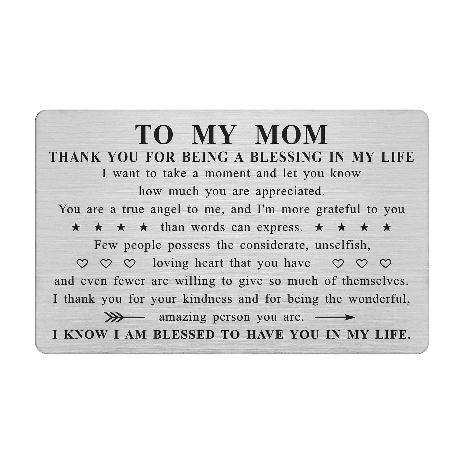 ABNTY Mothers Day Gifts for Mom, Thank You Mom Gifts, Mom Appreciation Card, Stainless Steel Engraved Wallet Insert
