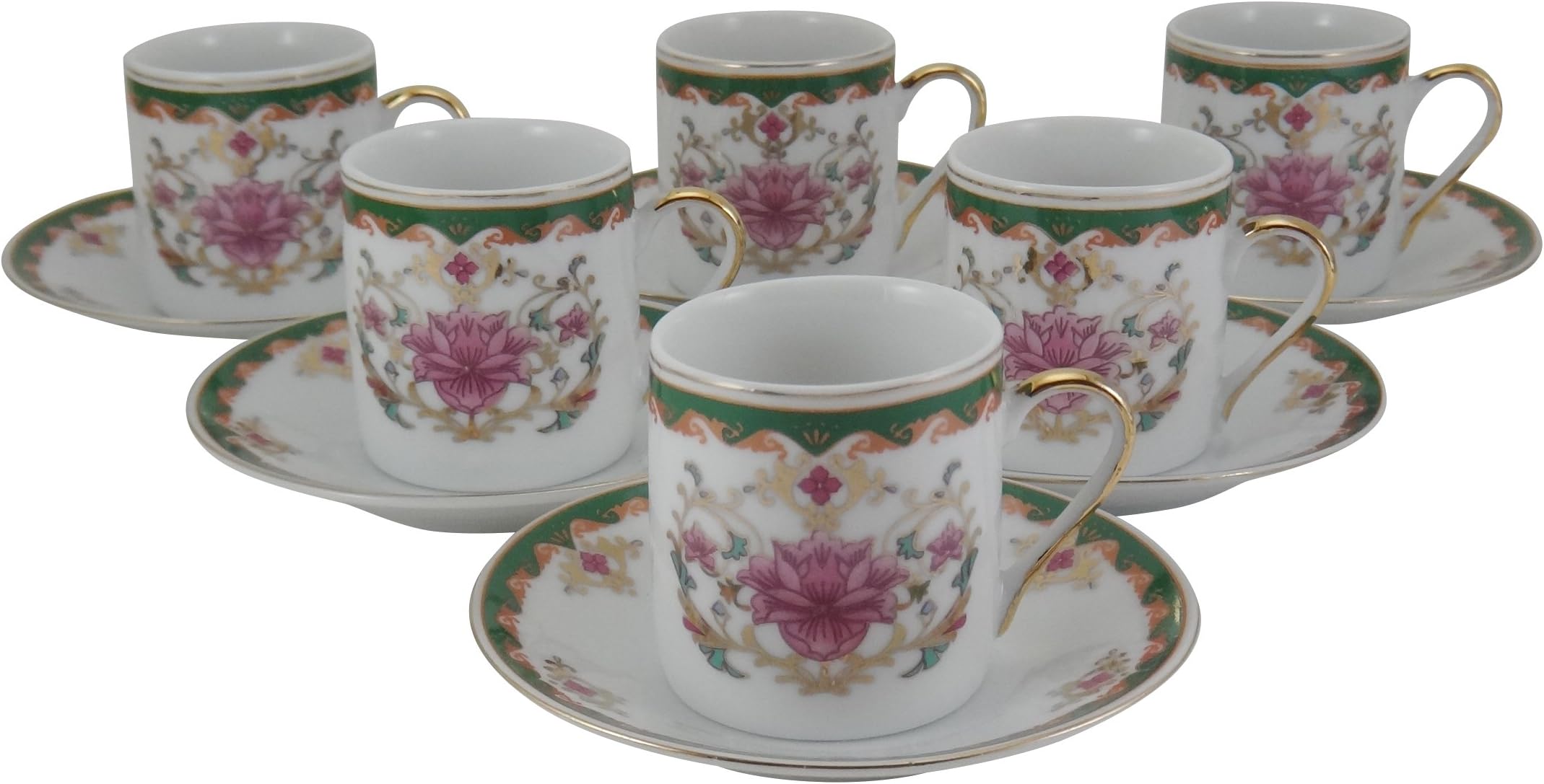 Demitasse Cup with Saucer, Pink Flower Pattern with Green & Gold Trim Porcelain Espresso (6)