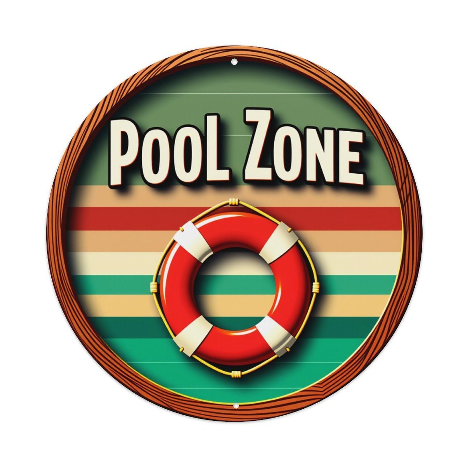 Wmlzdnwr Vintage Pool Zone Sign With Lifebuoy And Stripes Round Tin Sign,Retro Wall Art,Metal Poster For Home, Bar, Garage, Cafe, Rustic Indoor & Outdoor Decor, 8X8 Inches