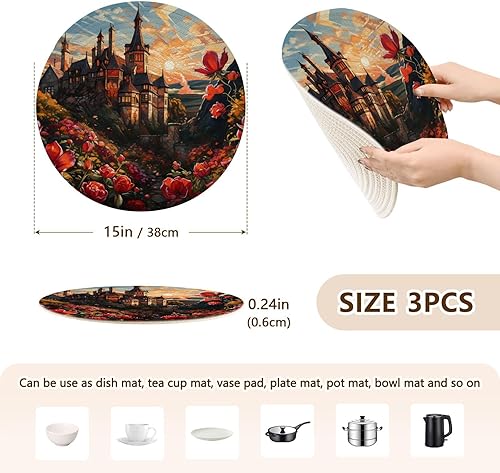 Miniatura 2 de 3 Pcs High Heat Trivet for Hot Dishes 15in Cotton Thread Weave Absorb Water Pot Pads for Microwave Stove Home Accessories Castle Rose Red