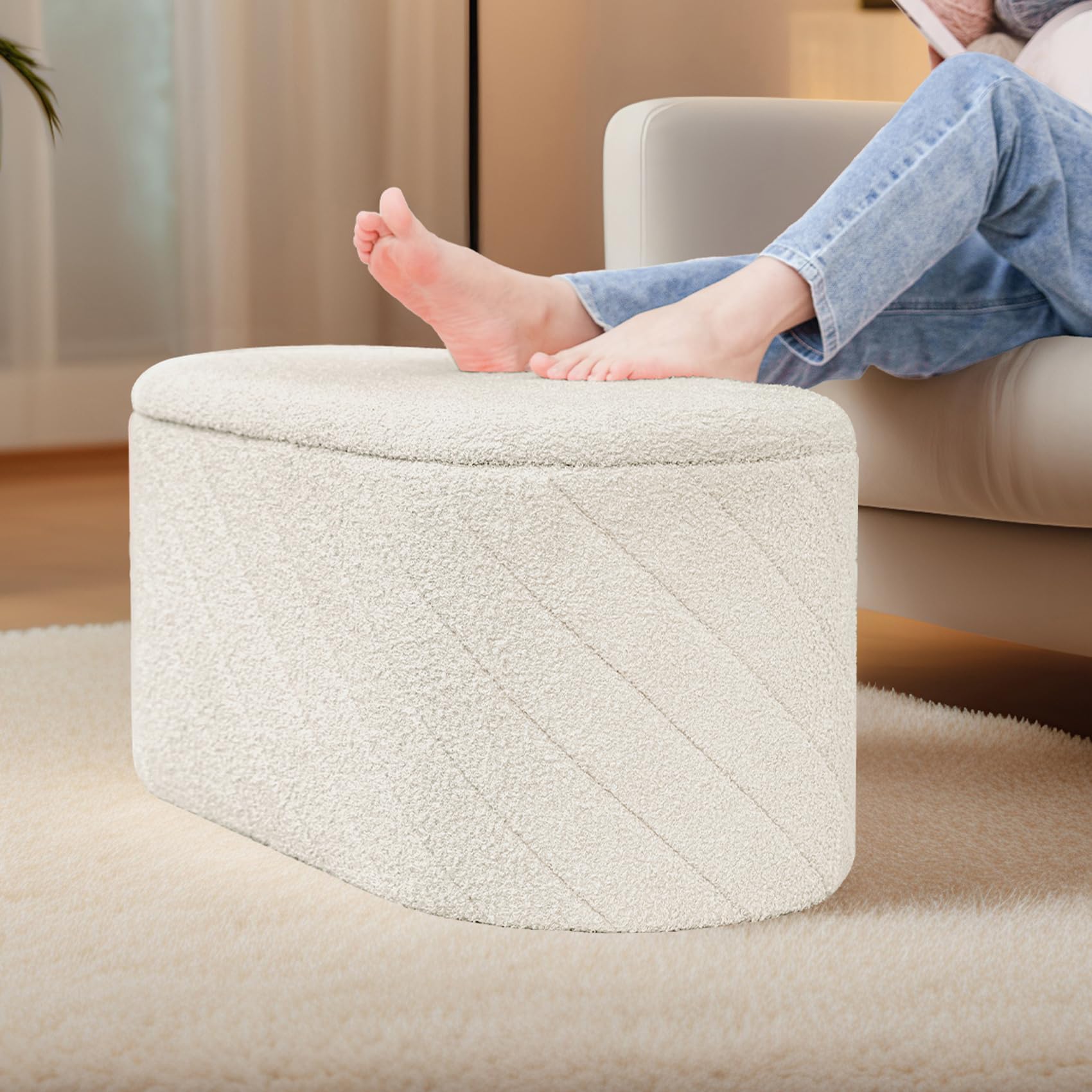 PINPLUS Sitzbank mit Stauraum, Ovale Polsterbank, Klappbarer Fußhocker, Bettbank aus Boucle Stoff, für Schlafzimmer, Wohnzimmer, Weiß, 76x38x38 cm