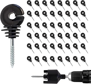 50 pcs Electric Fence Insulator, Black Self-Tapping Insulator, Fence Ring Post Screw-in Wood Post Insulator, with 1 pc Insulator Socket Tool (Fit for Electric Drill)