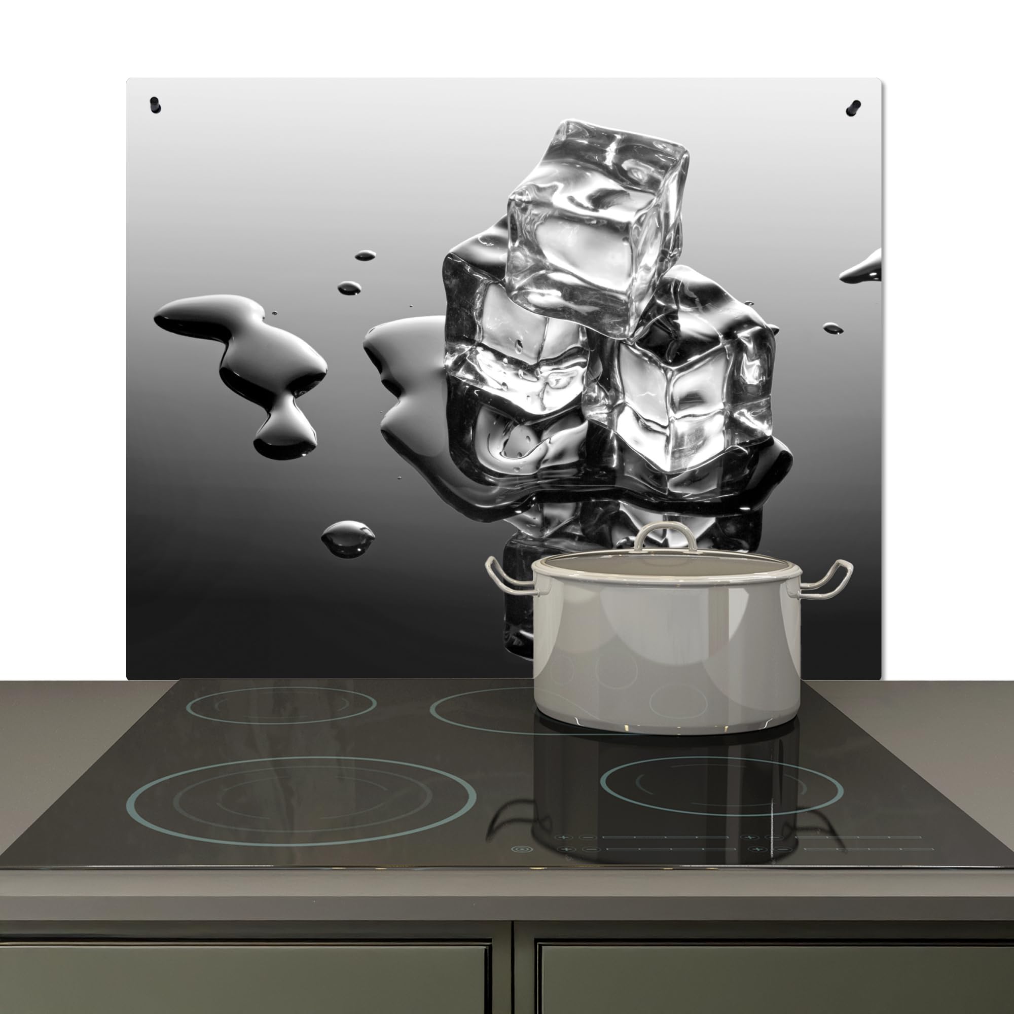 KitchenYeah© Antisalpicaduras Cocina 52x60 cm Protector Salpicaduras Pared Chapa Kitchen Panel Vitrocerámica Accesorios Salpicadero Decoración Hielo - Agua - Gris - Negro | 60 x 52 cm – Revestimiento de pared, placa de cubierta para estufa hielo – Agua –