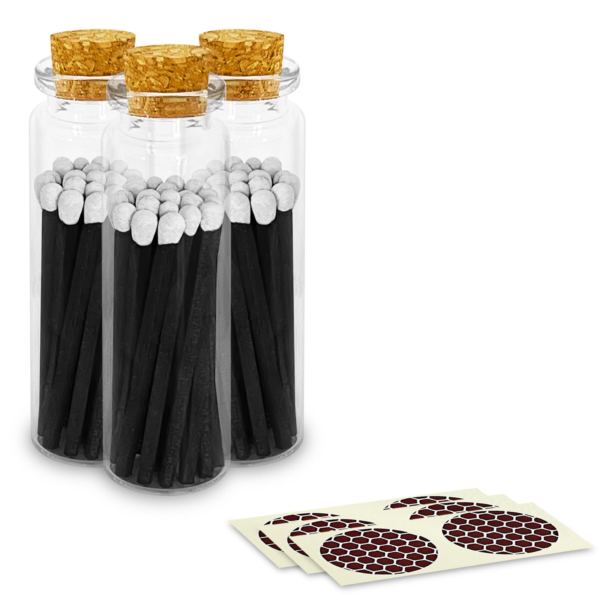 2" Black & White Tuxedo Safety Matches | 3 Glass Bottles Each with Cork Top, Striker & 20 Matchsticks by Thankful Greetings (60+ Total) | Decorative