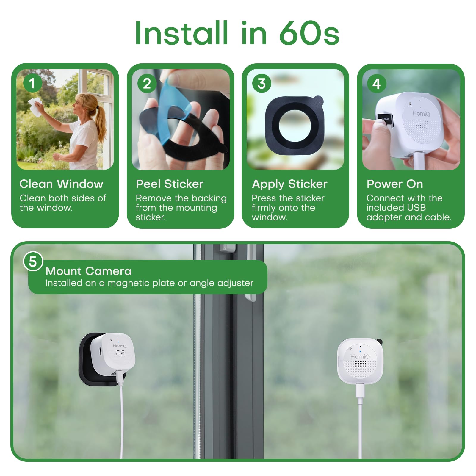 HomiQ Window Security Camera 2K, Indoor WiFi Cameras 2.4GHz/5GHz, Colorvue AI Color Night Vision, Person Detection with Auto-Focus, 24/7 Recording Compatible with Alexa & Google Home — view 3