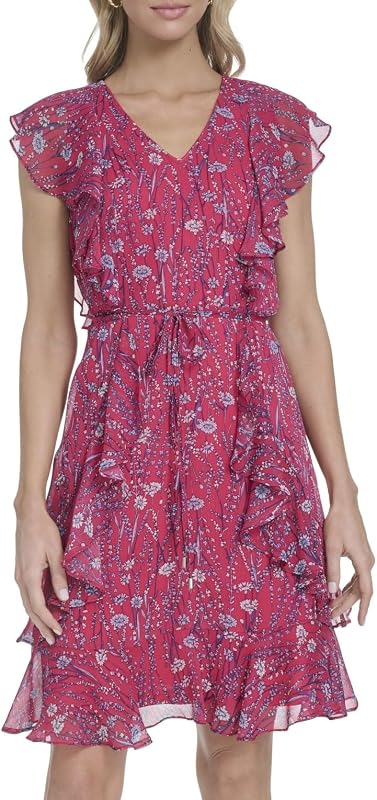 Minivestido de gasa con ribete de volante y cuello en V sin mangas para mujer