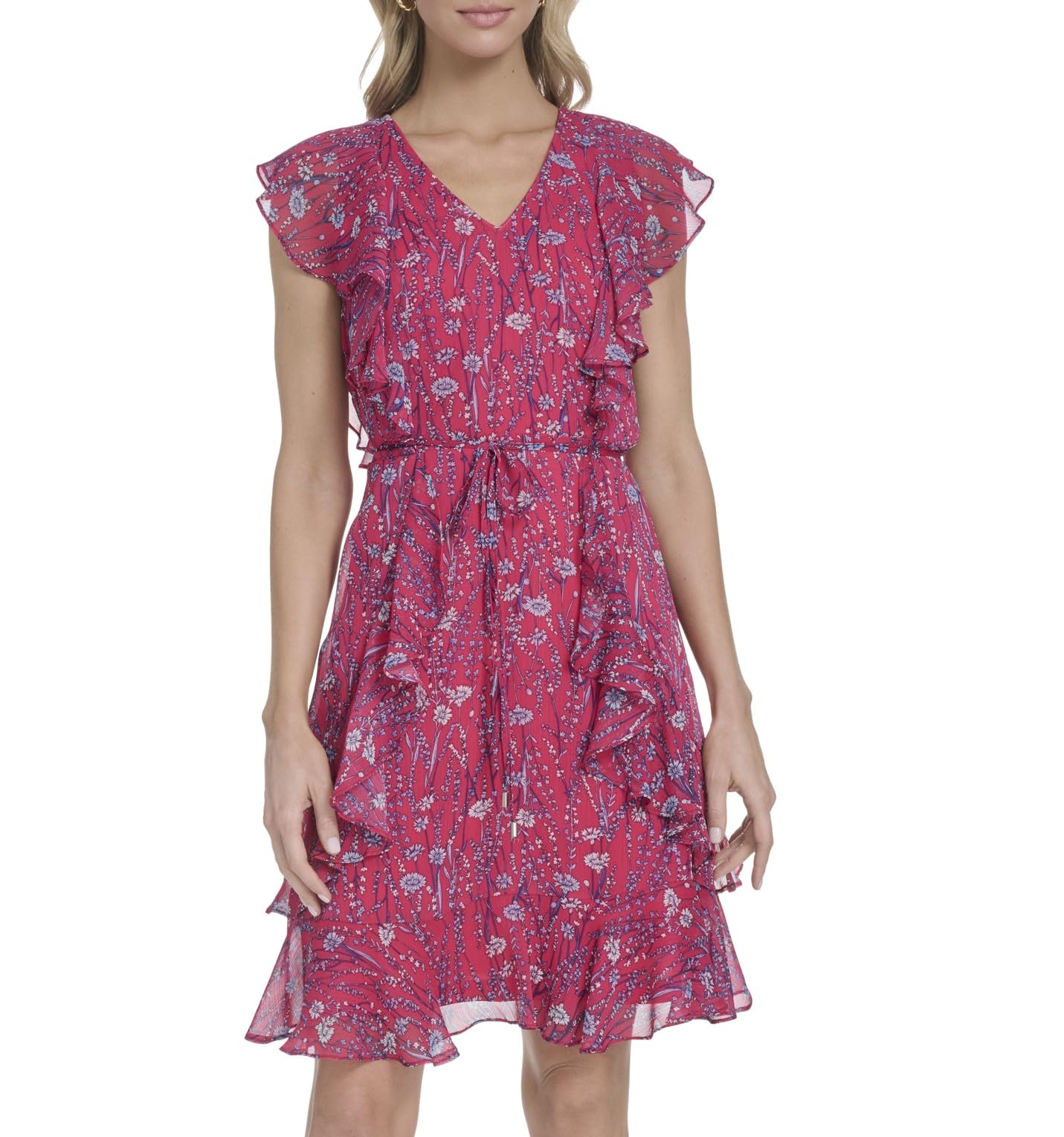 Tommy Hilfiger Women's Sleeveless V-Neck Ruffle Trim Tie Waist Chiffon Mini Dress