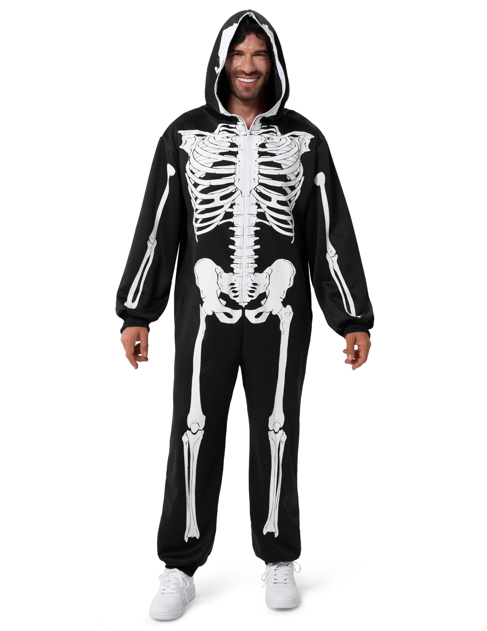Spooktacular Creations Skeleton Costume – Adult Men Plush Skeleton Zippered Halloween Jumpsuit for Parties (M) Black