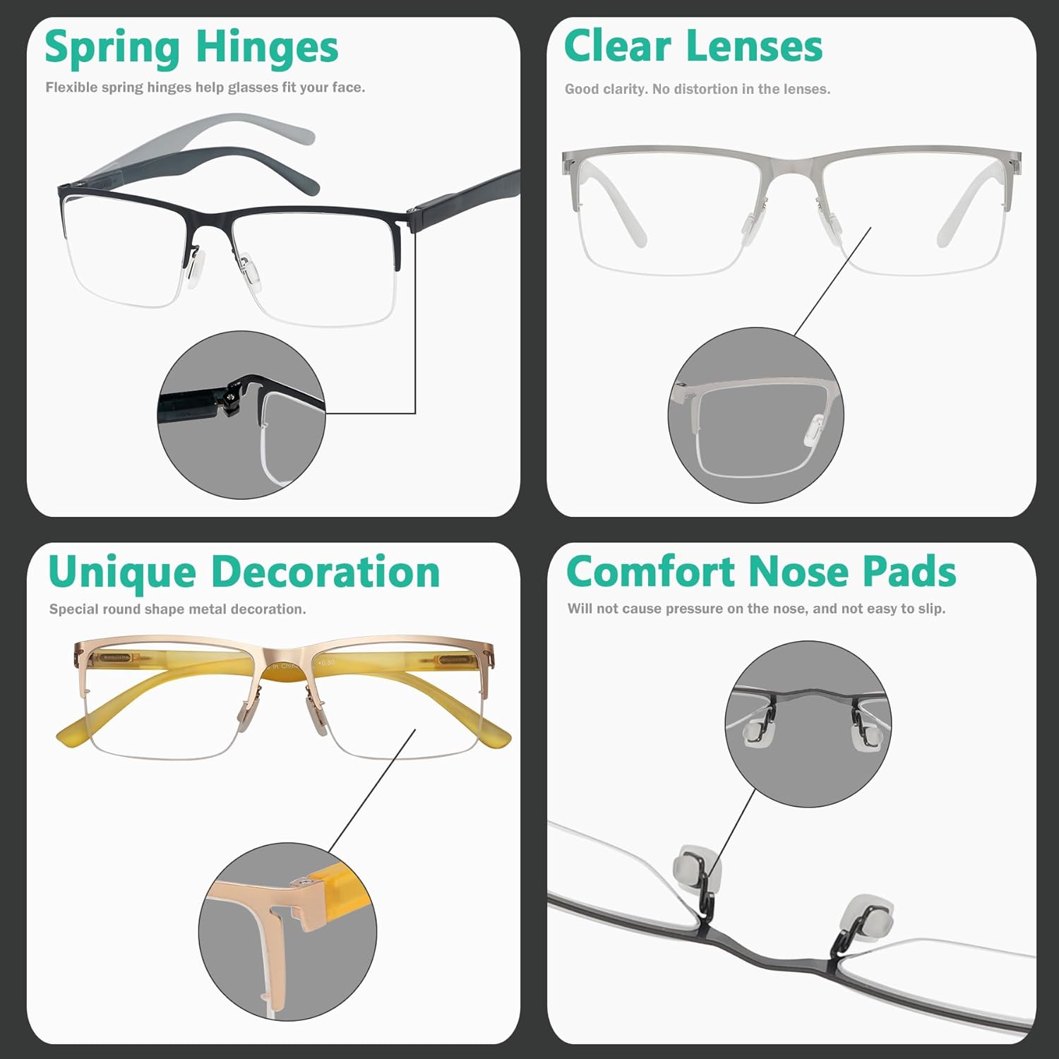 Eyekepper 4-pack Half-Rim Reading Glasses Lightweight Metal Rectangle Reader for Men