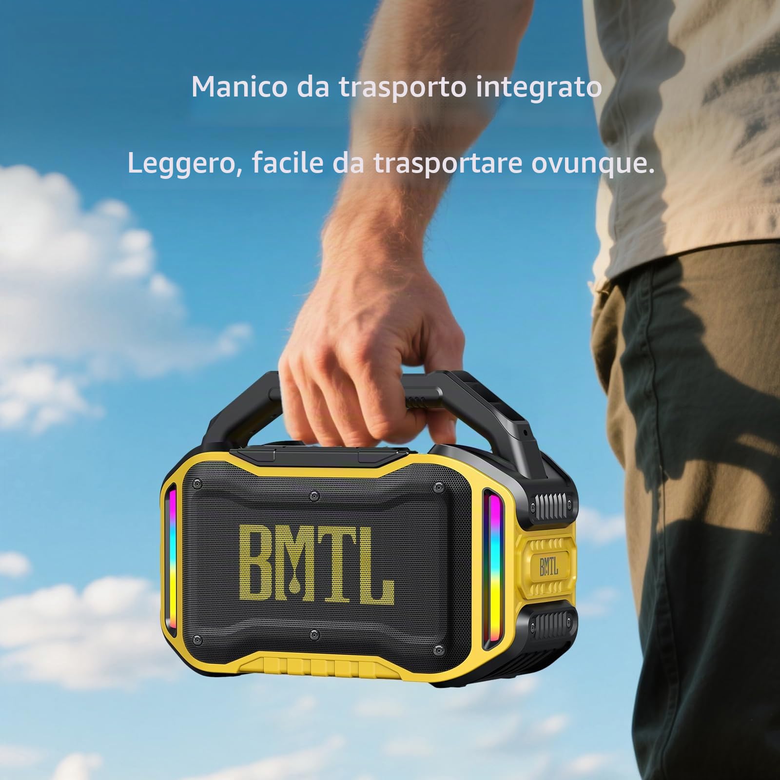 Xdobo BMTL Job Altoparlante Bluetooth 80W Portatile Senza Fili con Bassi Profondi, Altoparlante Robusto per Esterni, Ricarica Tipo-C, Ingresso Mic USB/AUX/6,5 mm, Autonomia 10-20 Ore (Giallo)
