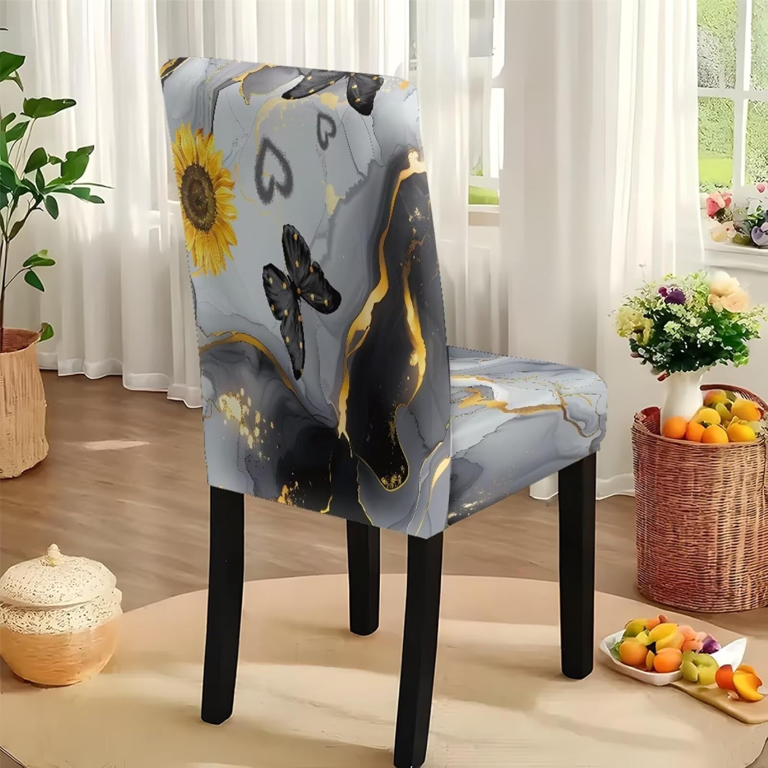Kitchen Chair Slipcovers 7 PCS, Dining Chair Covers with Table Cover, Dust-Proof Tablecloths Scratch Resistant Seat Protector for Restaurant Hotel, Sunflower Butterfly Marble Black Grey