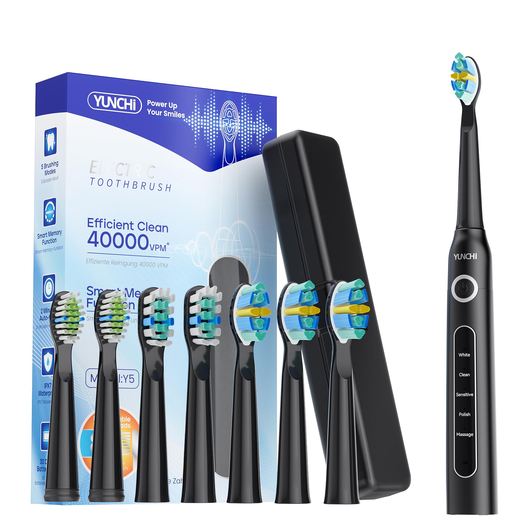 YUNCHI Electric Toothbrush for Adults, Battery Toothbrush, Rechargeable Sonic Electric Tooth Brush with 8 Brush Heads, 5 Modes & 2 Minutes Smart Timer