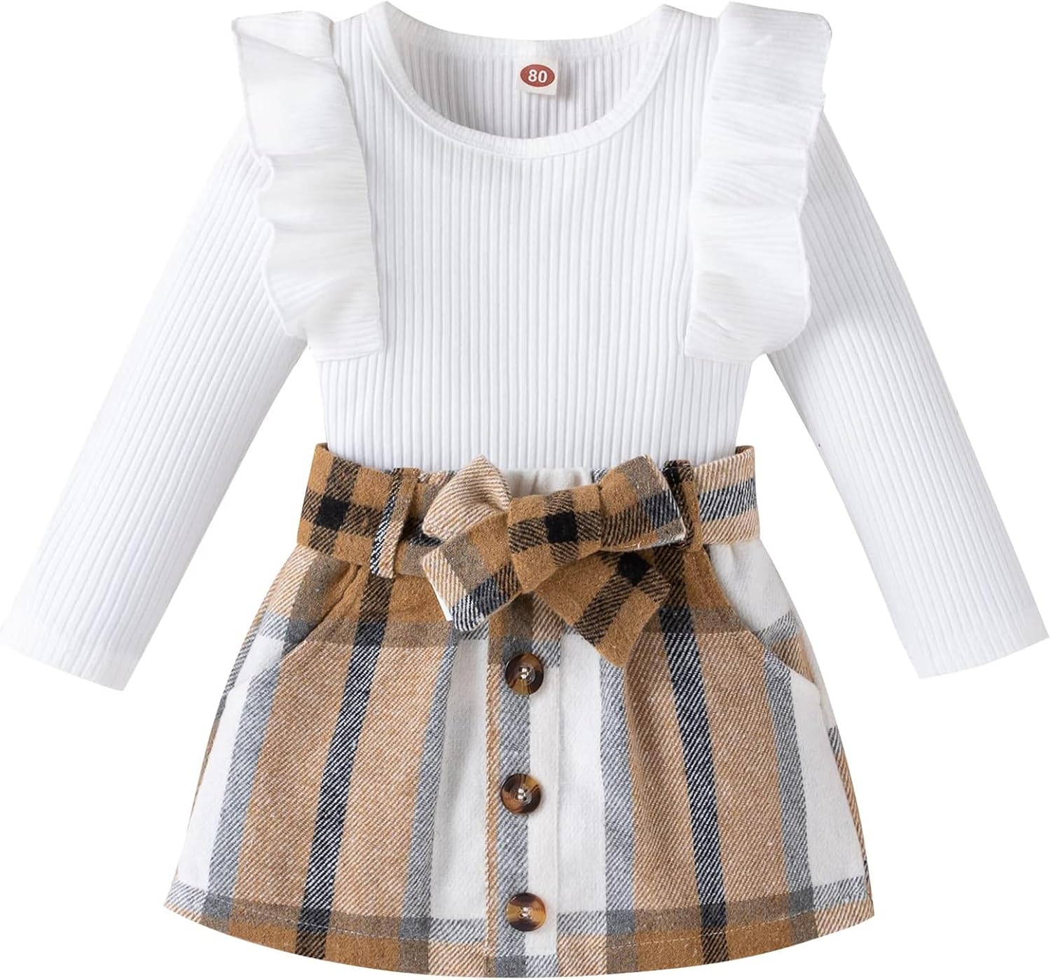 AMAWMW Toddler Baby Girl Fall Winter Clothes Long Sleeve Ruffle Shirt Corduroy Mini Skirt Infant Girl A-line Dress