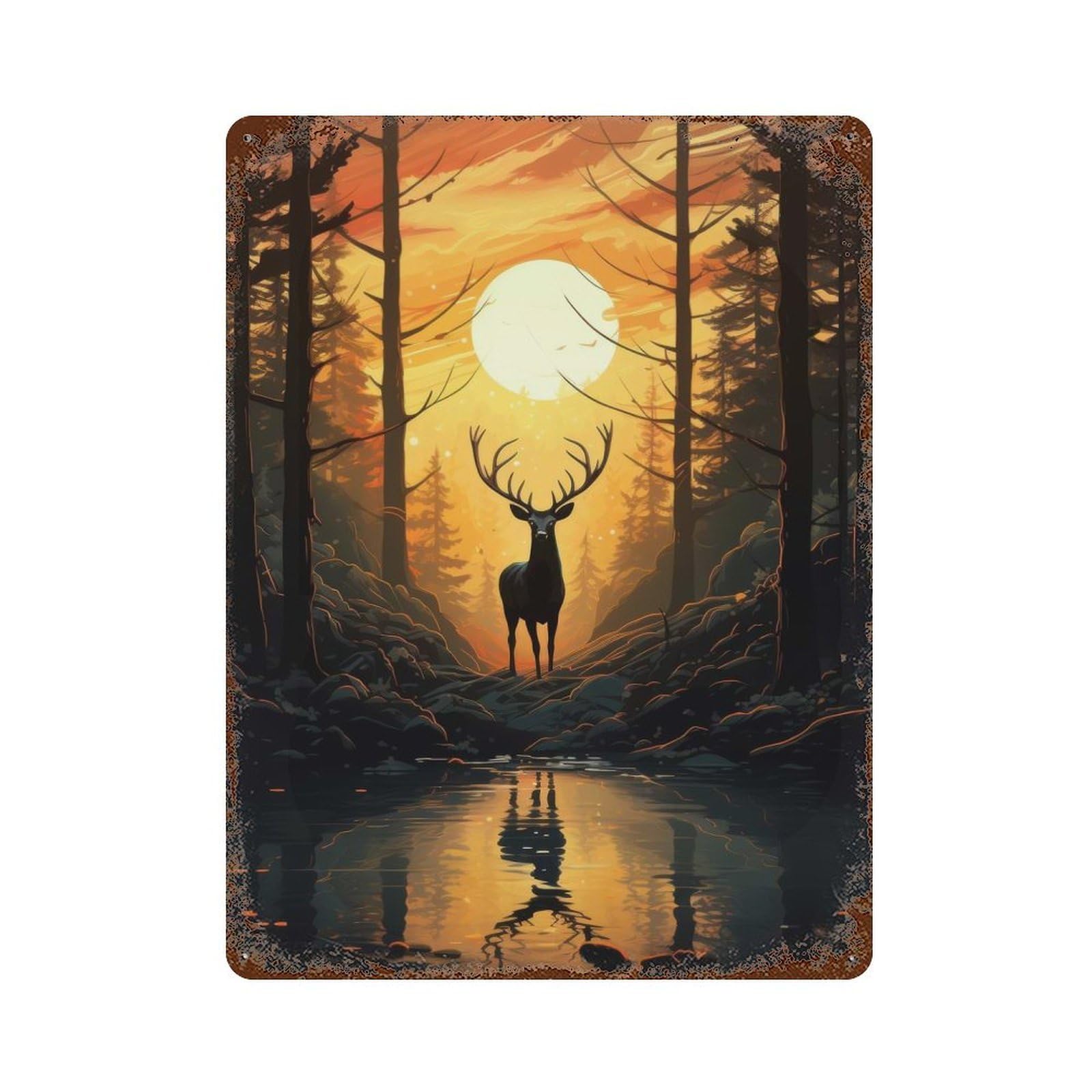 Forest Deer Sunset Rusty Metal Tin Sign 15.7"x11.8", Ideal for Pub, Kitchen And Man Cave Decor
