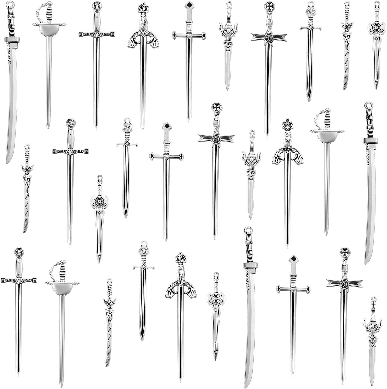 Hicarer 30 Pieces Antique Swords Knife Bookmark Sword Charms Pendants Bookmarks for Book Lovers Presents Reading Crafting DIY (Anti Silver)