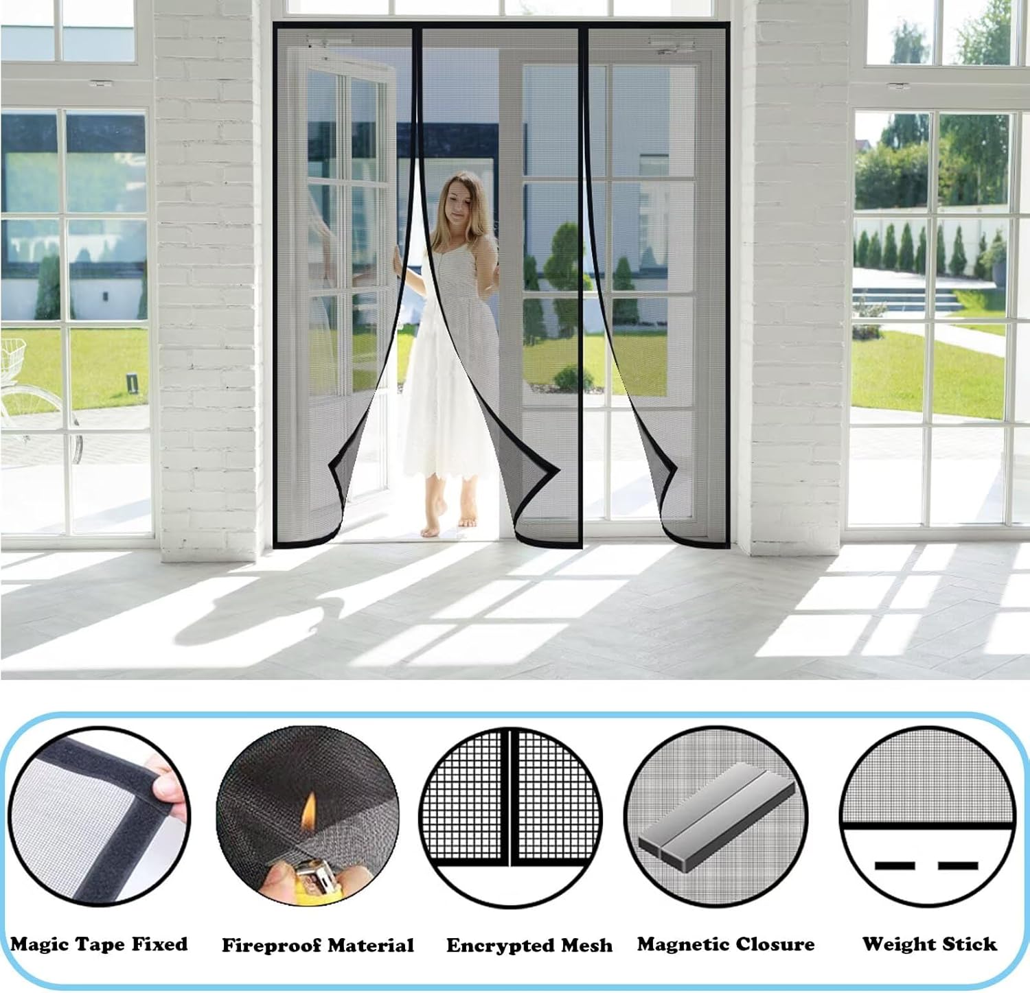 Magnetic Garage Screen Door for Car Garage Doors 90x185cm - Reinforced Self Sealing Fiberglass Mesh Door with Hook and Loop Tapes,Hands Free Door Screen with Closure Weighted Bottom,White