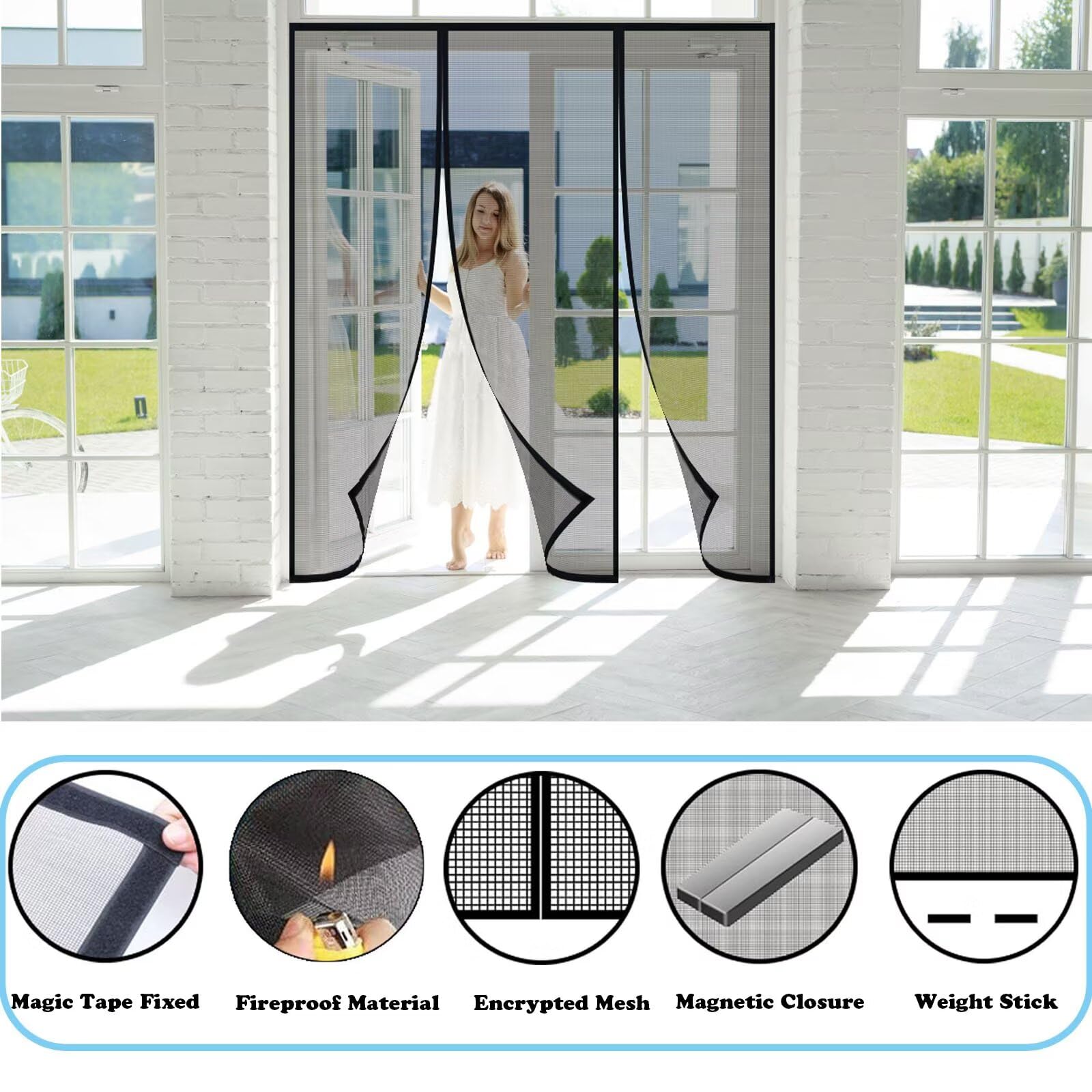 Mosquitera Puerta Magnetica Exterior,con de cierre de gancho y bucle e imanes potentes que cierran instantáneamente Sin Perforacion 265x235cm,Blanco