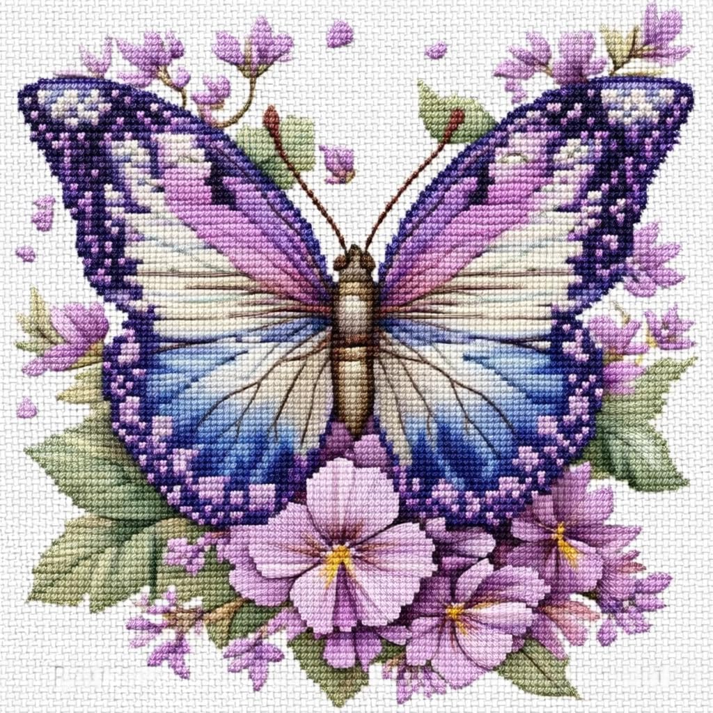 Butterfly Stamped Cross Stitch Kits for Adults, Flowers 11CT Needlepoint Counted Cross Stitch Kits for Beginner, Printed Dimensions Embroidery Kit Art Craft for Home Wall Decor Gift 14x14 Inch