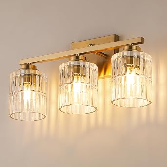 TALOYA Gold 3-Light Bathroom Vanity Light with Fluted Cylinder Glass Shade | Modern Vanity Lighting Fixtures, Bathroom Lights Over Mirror, Wall Mount Mirror Light Fixtures for Bathroom Hallway Bedroom