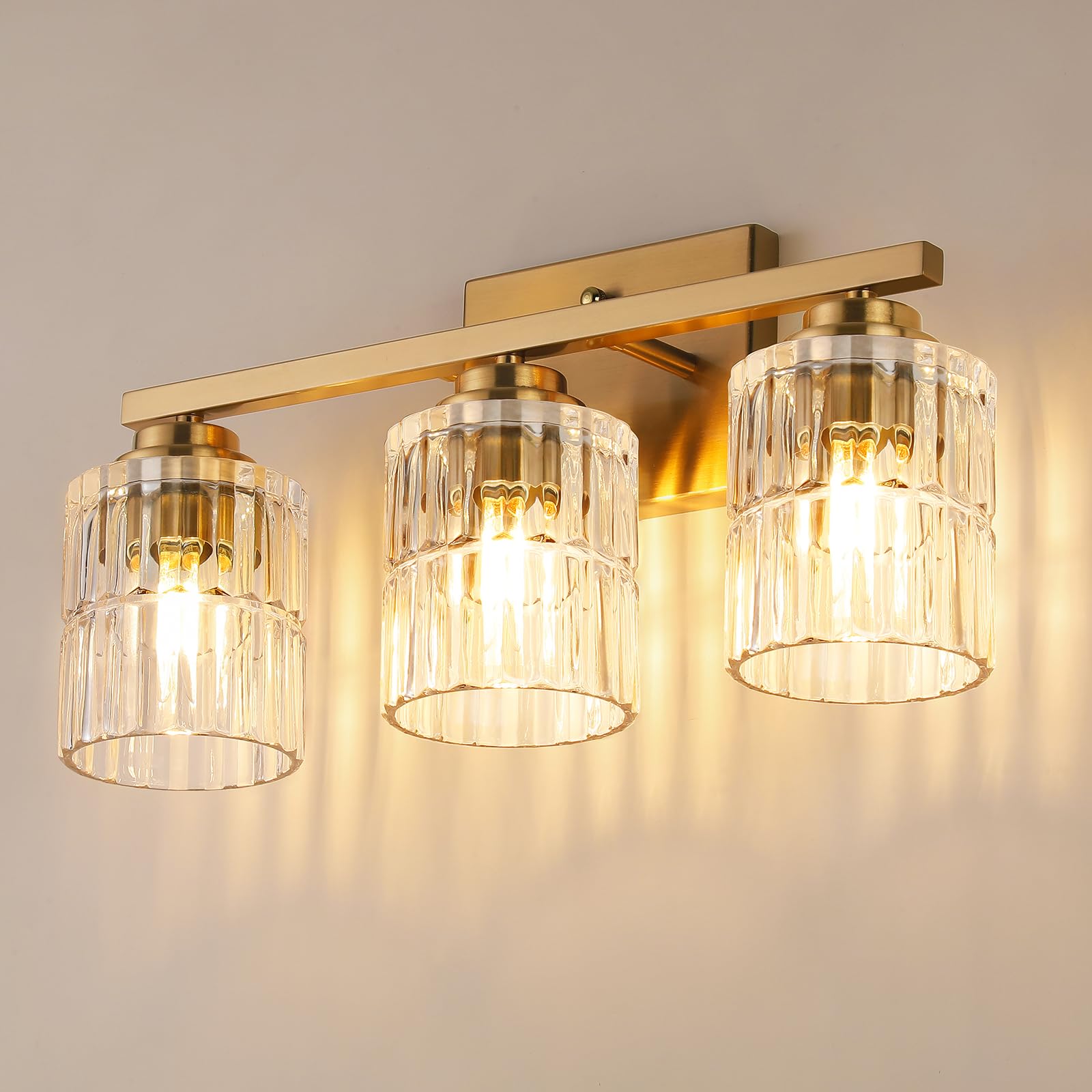 Photo 1 of TALOYA 19 Inch Bathroom Light Fixtures,Modern 3-Light Brushed Gold Vanity Lights with Wide Vertical Ribbed Thickened Glass Shade Wall Sconces for Mirror Makeup Room Hallway?Bulbs Not Included?