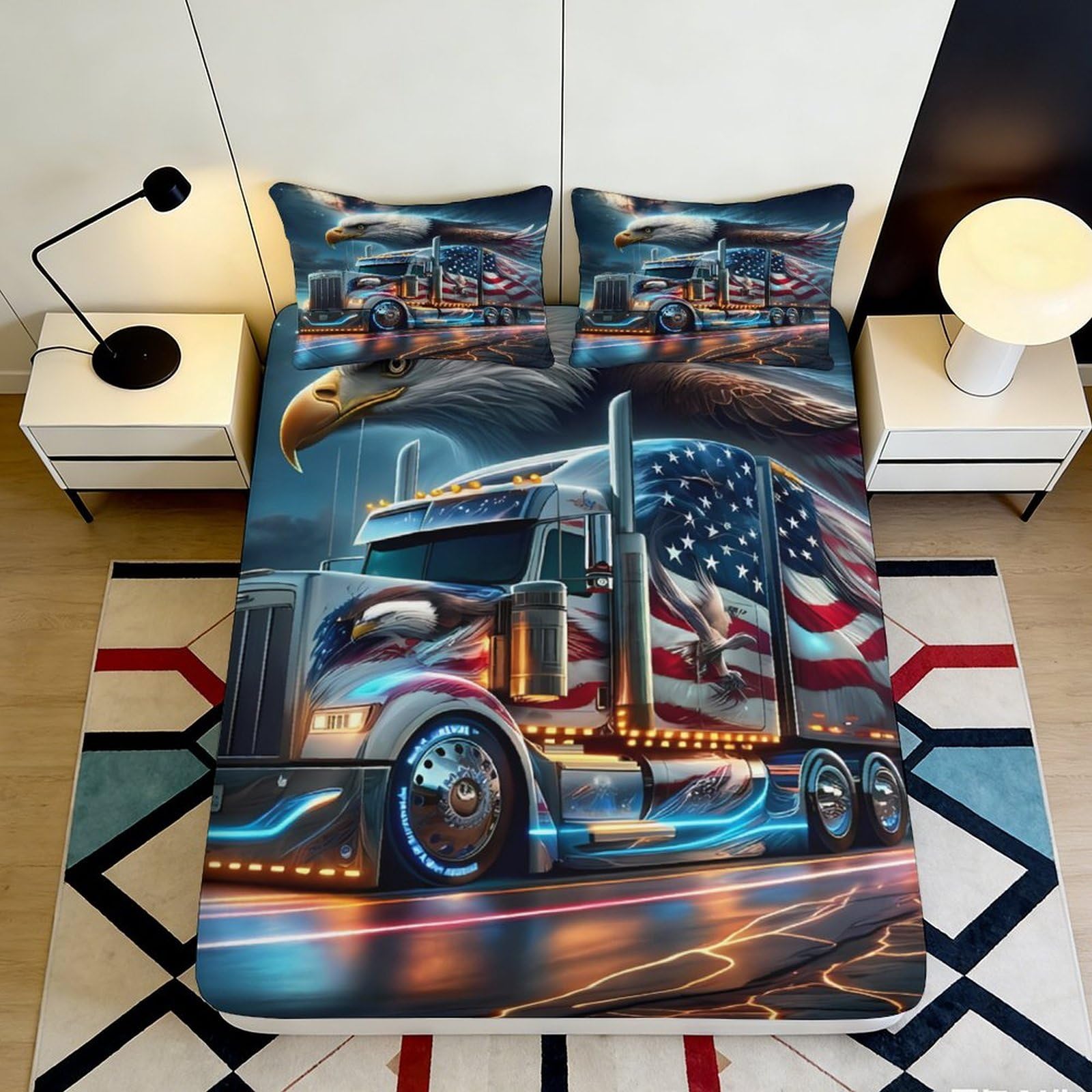 3D Printed American Truck Fitted Sheet Microfiber Soft Eagle Flag Bed Cover for Bedroom Dorm Decor 90x200x25cm