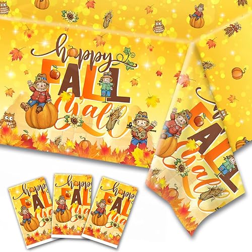 CMUSKO 3 manteles de espantapájaros de Acción de Gracias, rectangular, de plástico, hojas de arce, calabaza, mantel para otoño, decoración de