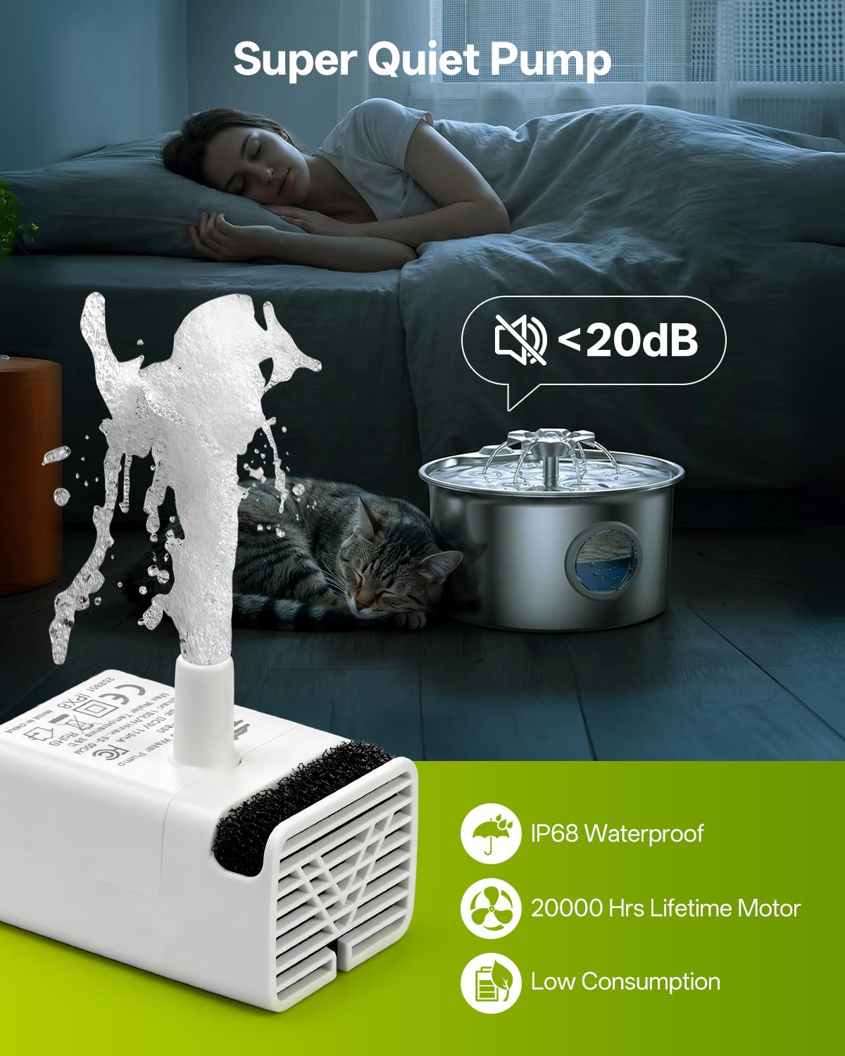 JY-830 Pompa sommergibile universale per molte fontane per animali domestici in acciaio inox, pompa ad acqua per gatti ultra silenziosa, motore USB, cavo da 1,50 m, IPX8, bassa potenza, lunga