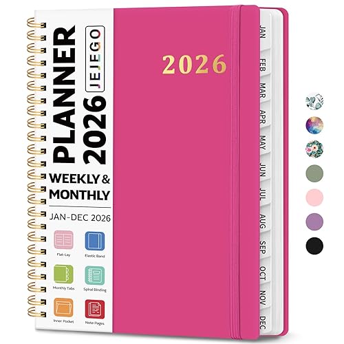 2026 Planner, Weekly and Monthly Calendar Planner Book, January 2026 - December 2026, Hardcover Spiral Planner with Monthly Tabs, Notes Pages, Perfect for Women & Men, A5 (6.4" x 8.5") - Hot Pink - (6.4"x8.5") A5 - O.Hot Pink