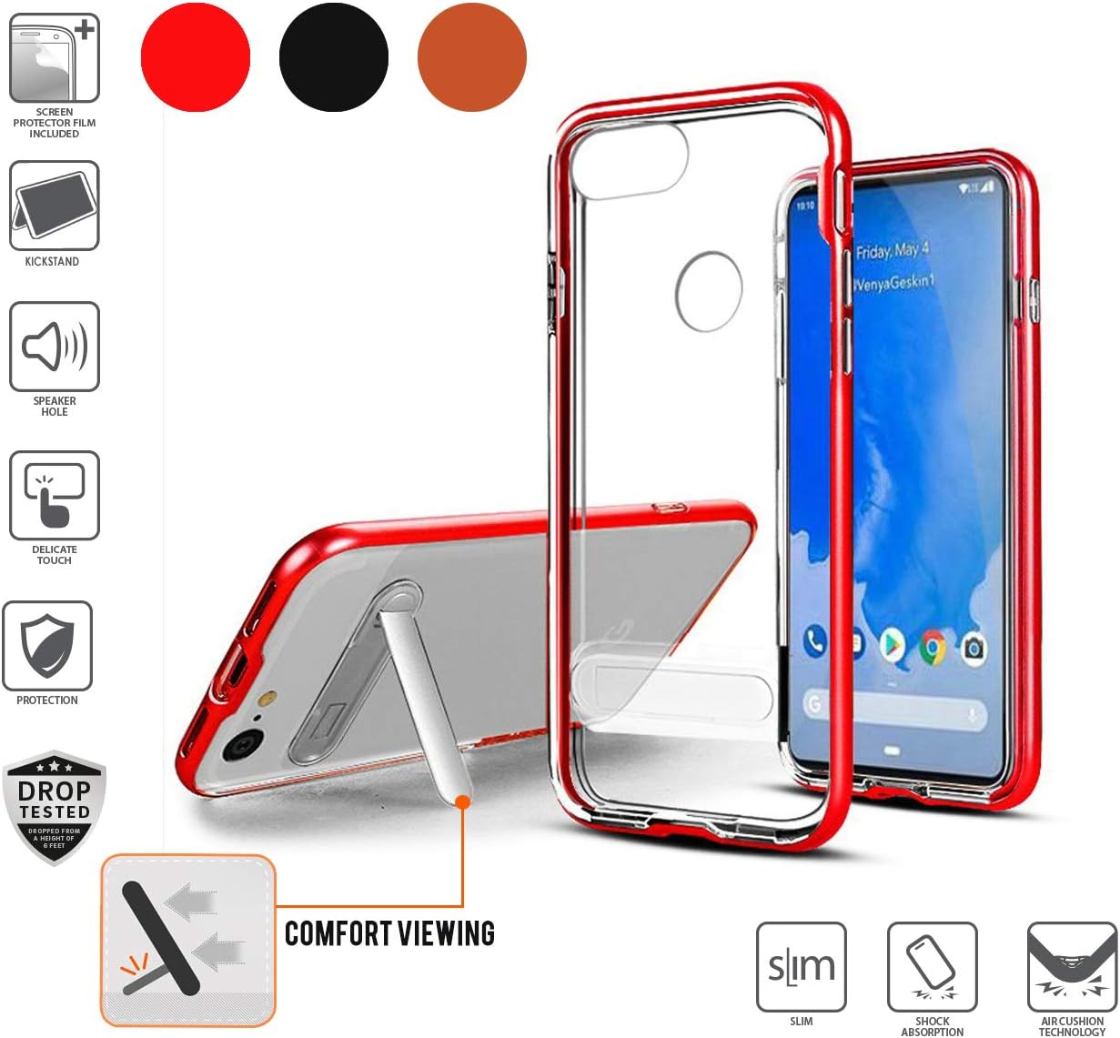 Google Pixel 3 XL Case (XL Version Only), Premium Ultra Bumper [Slim] Transparent Hybrid Crystal Clear with Stand TPU Cover case (Clear/Red)
