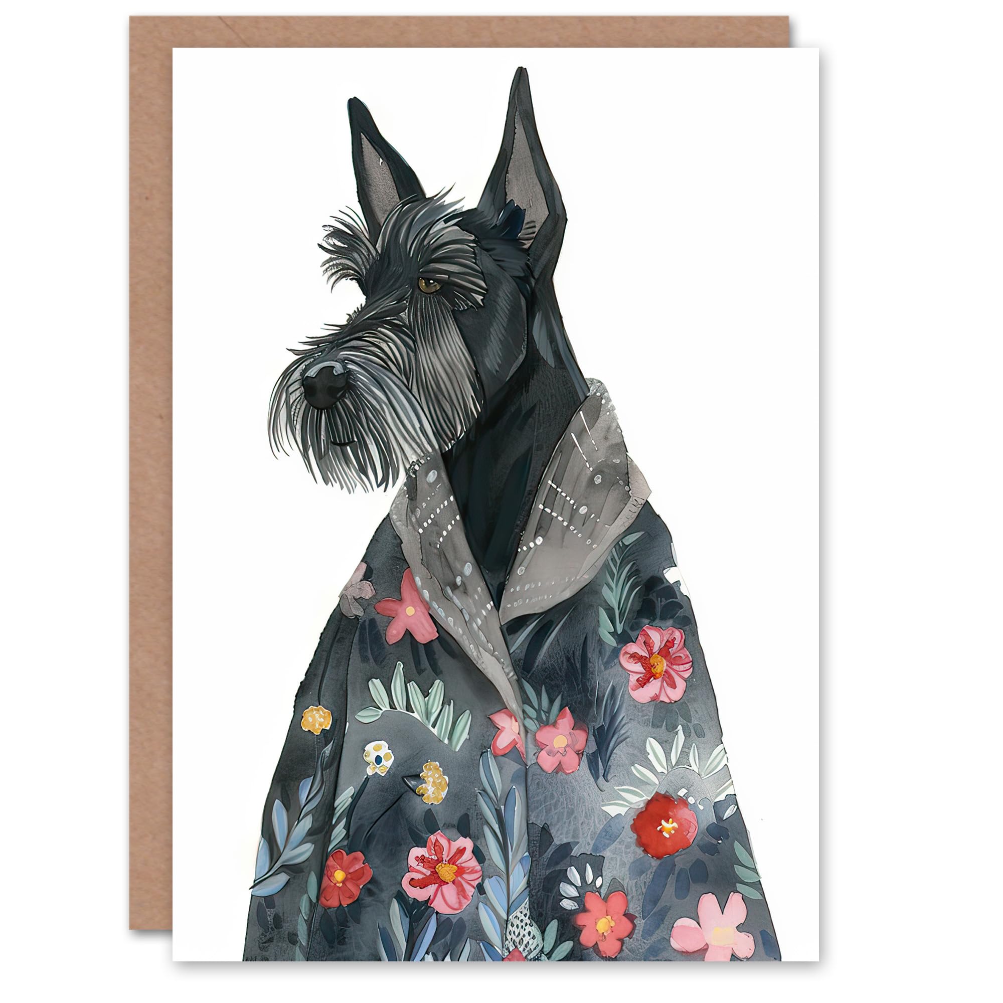 Artery8 Greeting Card Dog Lover Scottish Terrier With Floral Kimono Blank For Him Or Her Art Birthday Card