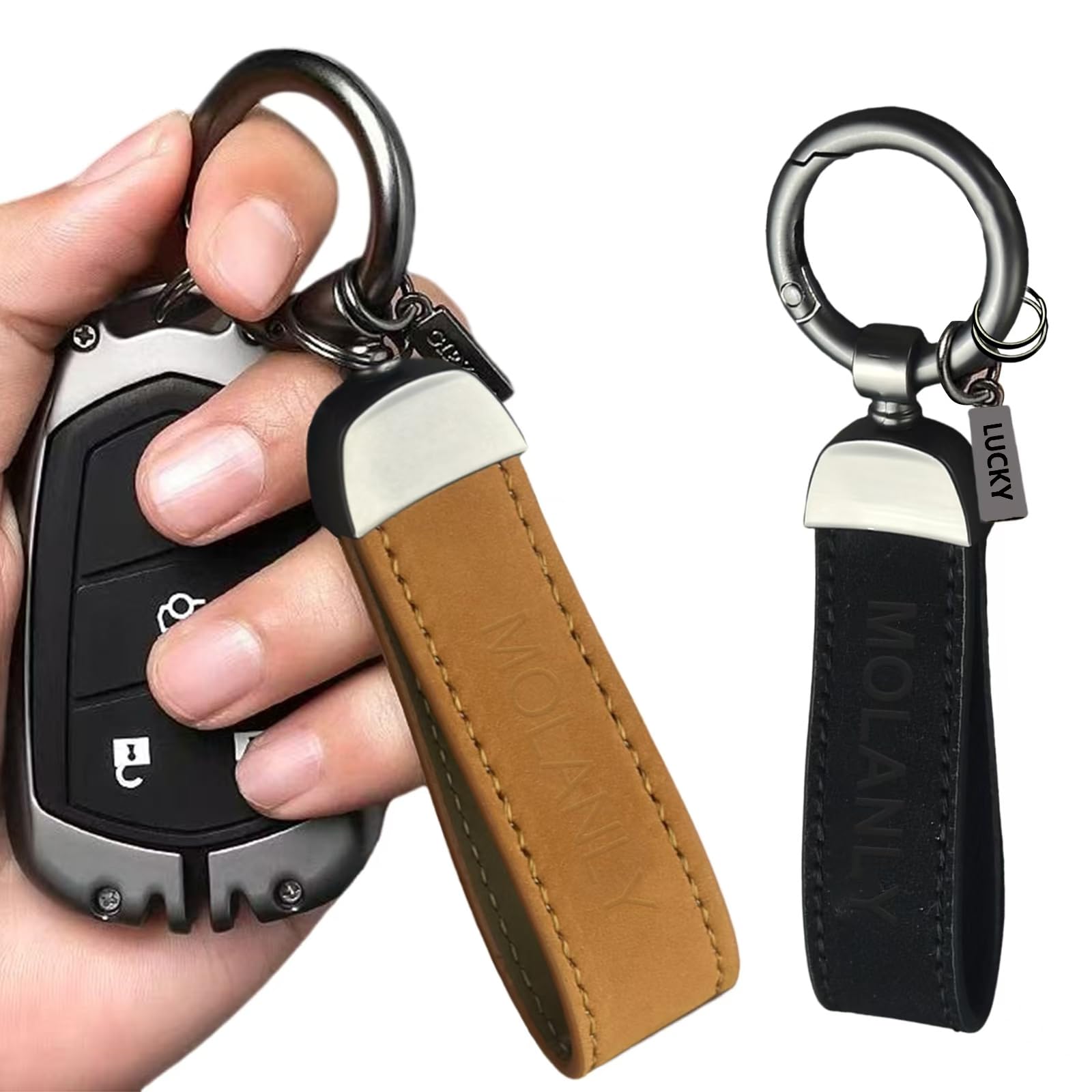 MOLANLY 2-Pack Genuine Leather Car Keychain, Universal Key Fob Key Chain for men, Keyrings Key Ring Holder Birthday Gifts for Men, Men Car Accessories (Black & Brown)