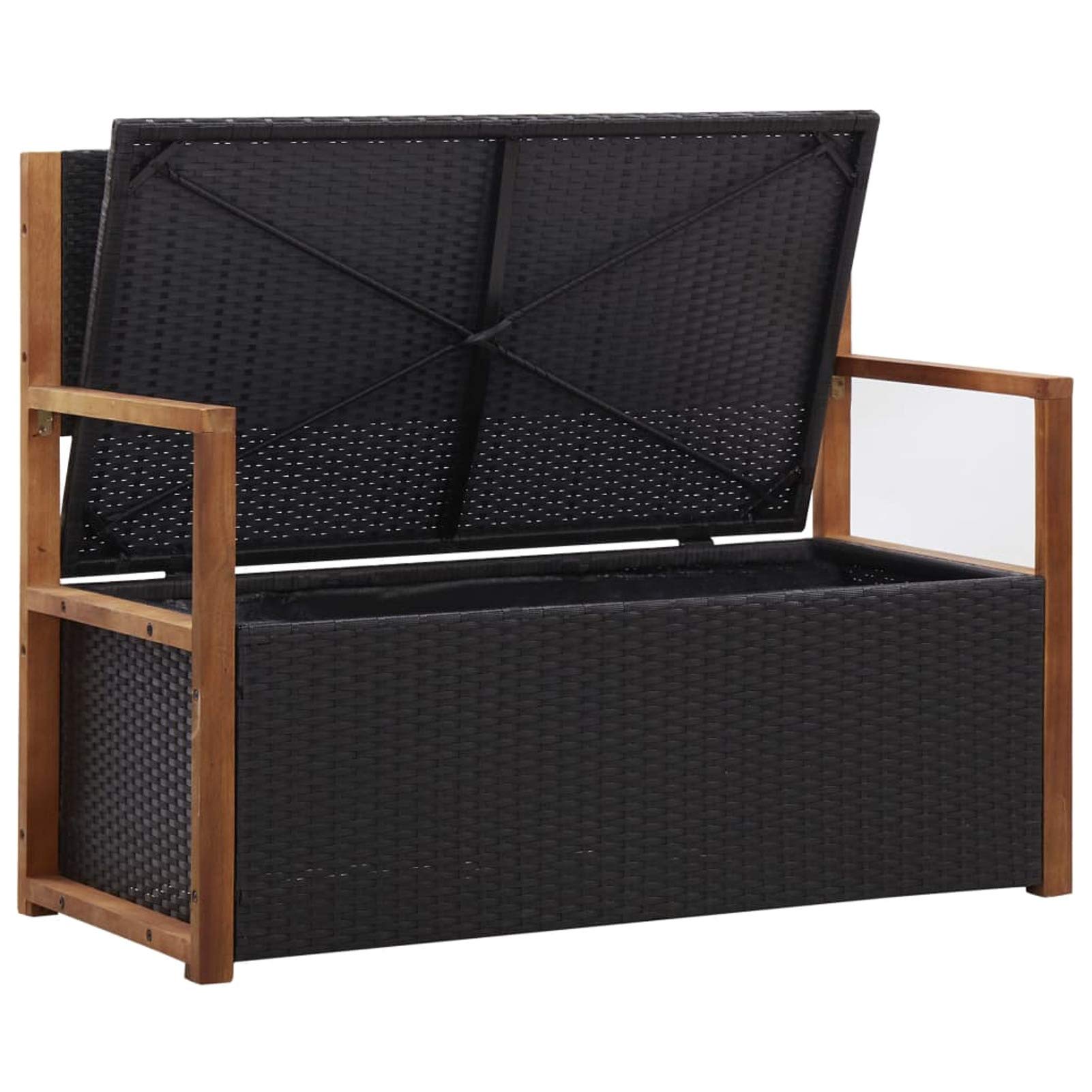 IKAYAA Banco de Jardín de Ratán Sintético Madera Acacia Banco de Exterior con Caja de Almacenaje y Respaldo para Patio Terraza Balcón 115 x 50 x 85 cm Negro