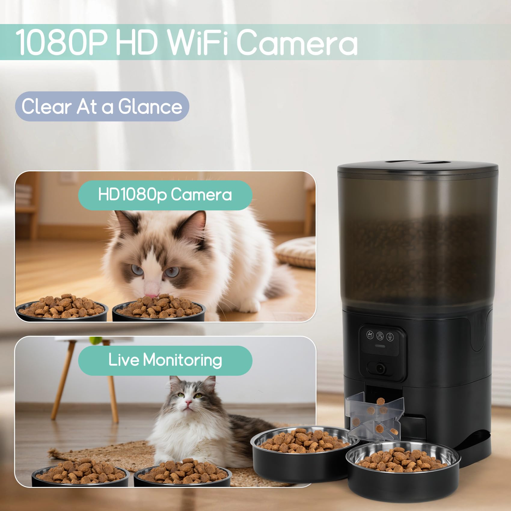 Automatic Cat Feeder with Camera, 7 Litre Dual Bowl Automatic Dog Feeder with HD Video and Night Vision, 2.4G WiFi ，SD Card Storage and Two-Way Audio - image 3