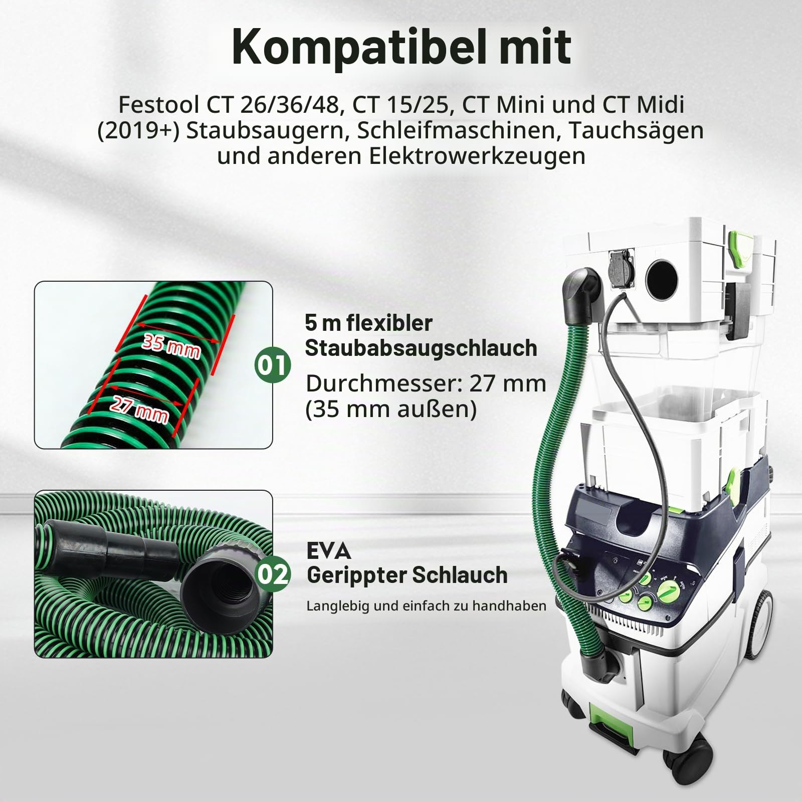 5 m Staubabsaugschlauch mit Schutzhülle Kompatibel mit Festool CT 26/36/48