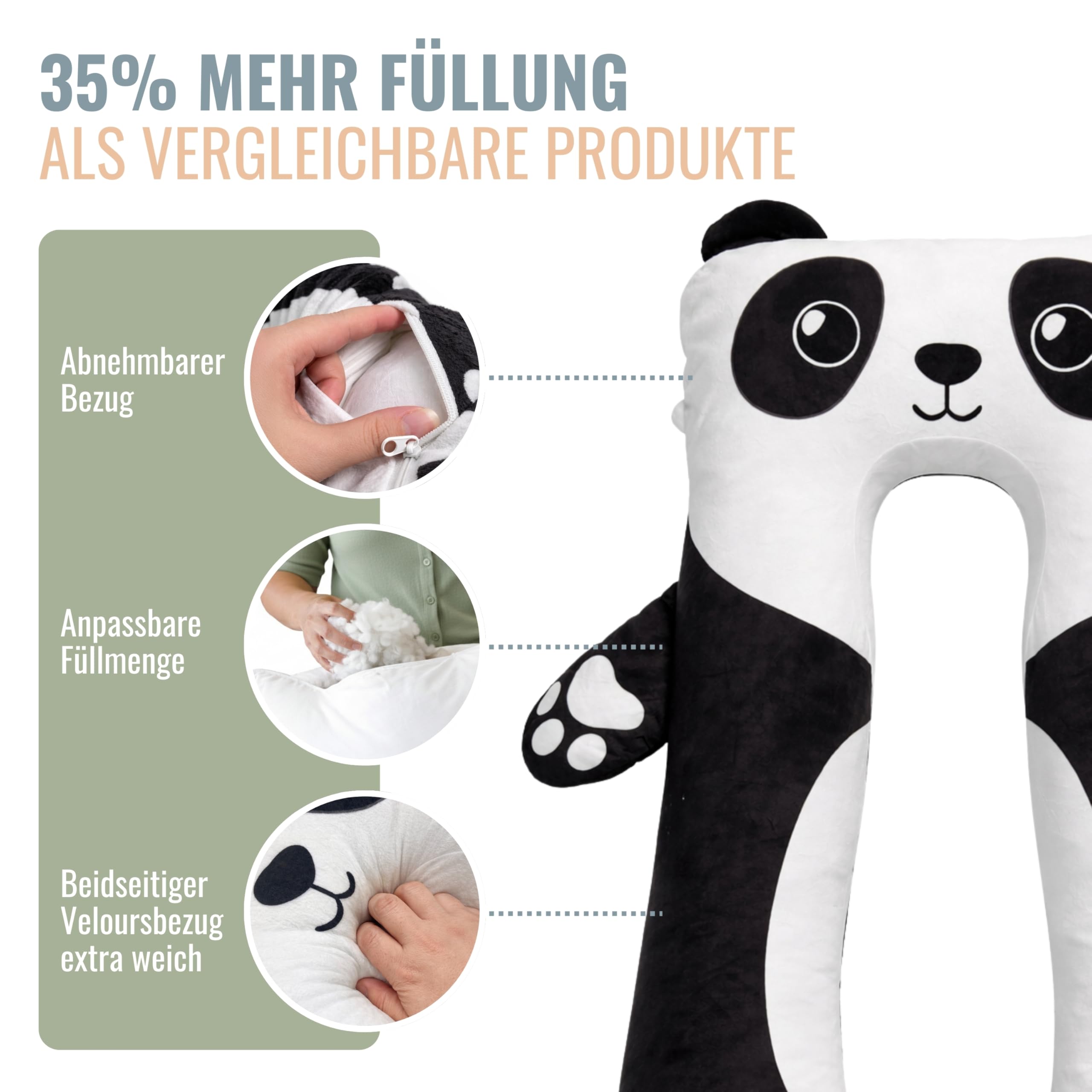 Lullvie Panda Kuscheltier Kissen 118x56cm Seitenschläferkissen Schlafkissen für Kinder, Bett Lesekissen Bettschlange ADHS Kissen inkl. gratis Wäschesack & E-Book Kinderbuch Geschenke - 3