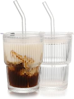 Ribbed Glass Tumbler with Lids and Straws, Vintage Clear Glass cups, Large capacity, Unbreakable, Fluted Design, Ideal for Travel, Iced Coffee,Smoothie, Tea, Latte, Gift (2pc 14oz)