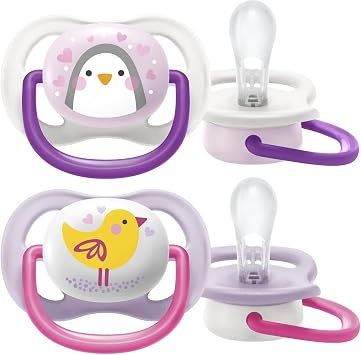 Philips Avent Ultra Air Pacifier, 0-6 Months for Baby Girls, 2’ Pack, Orthodontic Silicone, Wide Air Hole, Microwave Sterilizable, BPA Free, Carrying Box, SCF080/06
