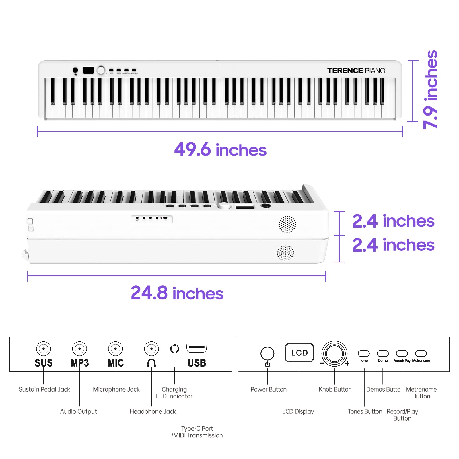 TERENCE Pliable Piano Numérique avec 88 Touches semi-lestées et Batterie de 1800mAh et interface USB MIDI support de partitions Bluetooth Sacs pour Clavier Câble audio Casque Pédale de sustain Blanc