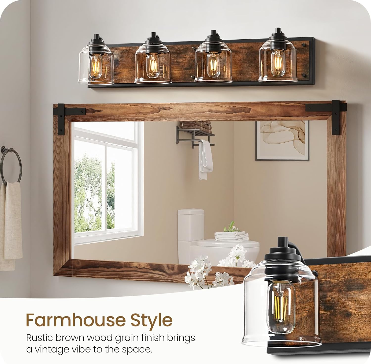 4-Light Bathroom Fixture, 31.5" Large Farmhouse Vanity Light, E26 Base (Bulbs Not Included), Thickened Glass Shade, for Bathroom, Bedroom, Vanity, Hallway, Rustic Brown and Black F18BD05