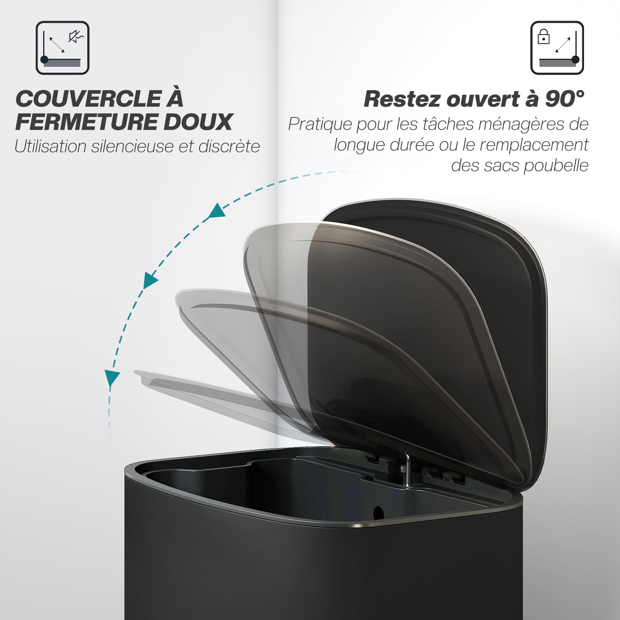 HOMCOM Poubelle Cuisine 50L à Pédale Seau Intérieur Amovible Poignées Noir