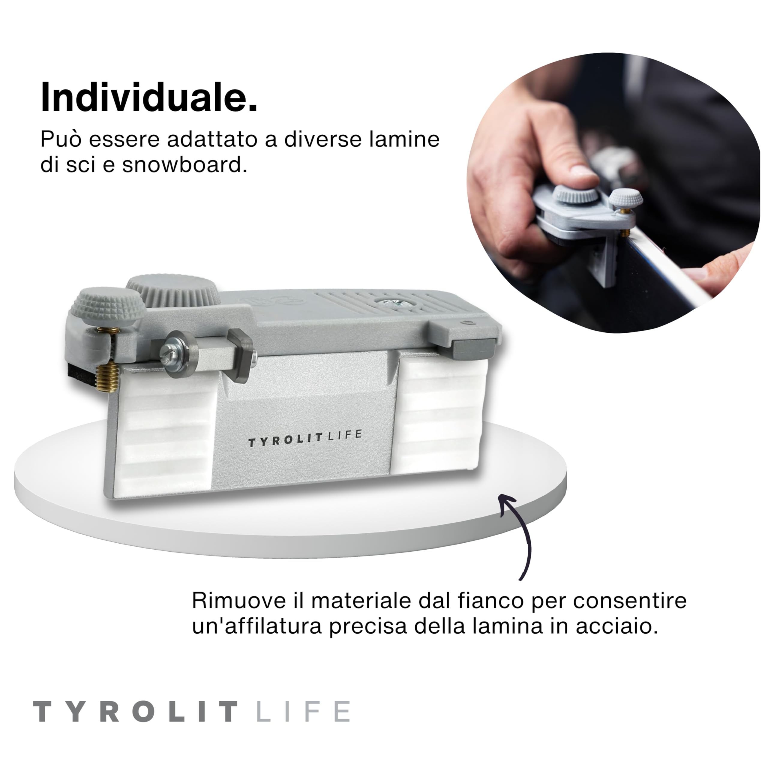 Tyrolit Life Spazzola laterale per sci e snowboard - Lavorazione precisa e delicata dei bordi per sci e snowboard - La base perfetta per spigoli puliti - Regolazione flessibile