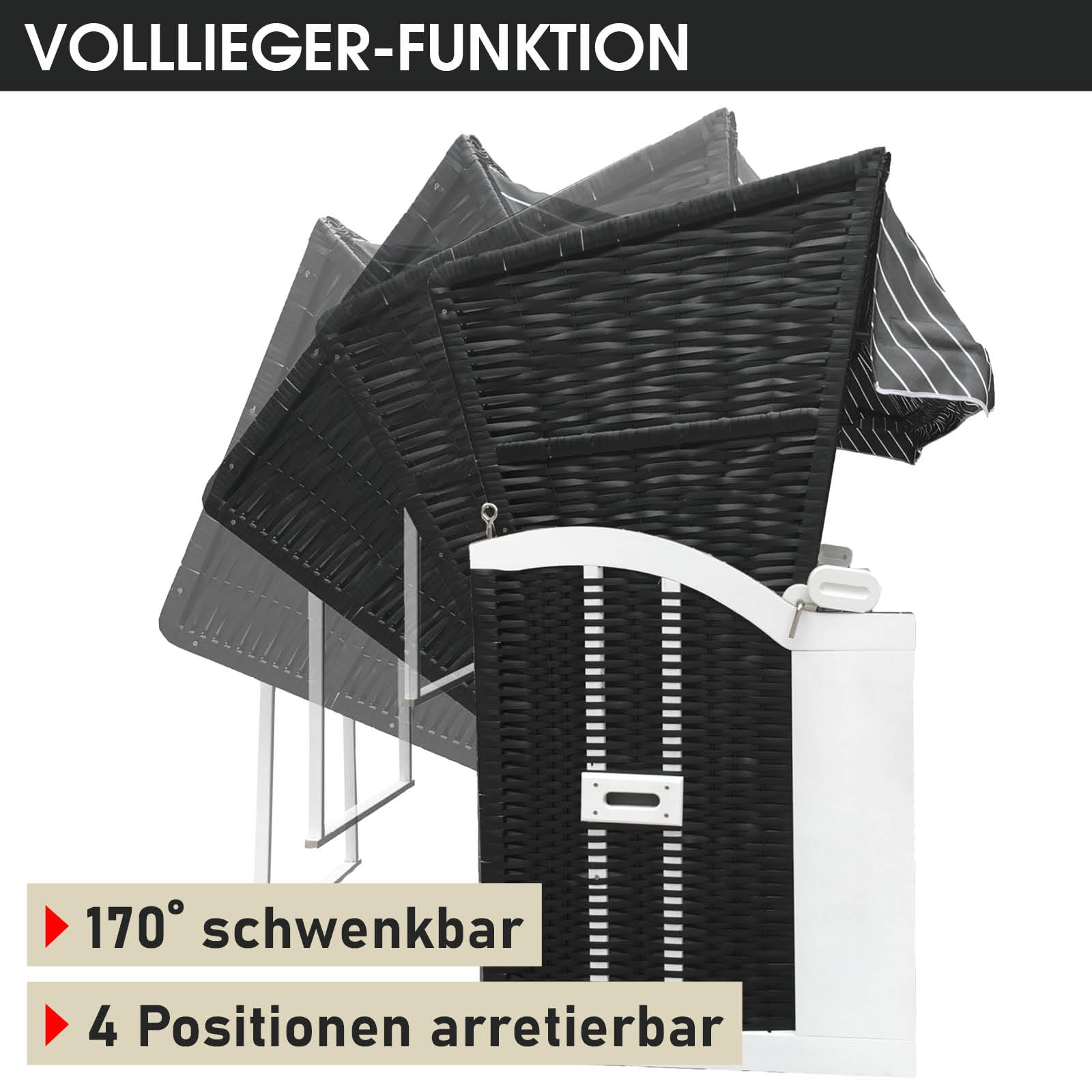 BRAST Corbeille de Plage mer Baltique 3 Places 165x160x79cm Osier en Poly rotin/Bois imperméable + Housse trés Confortable - Chaise Longue Strandkorb - Anthracite/Gris rayée