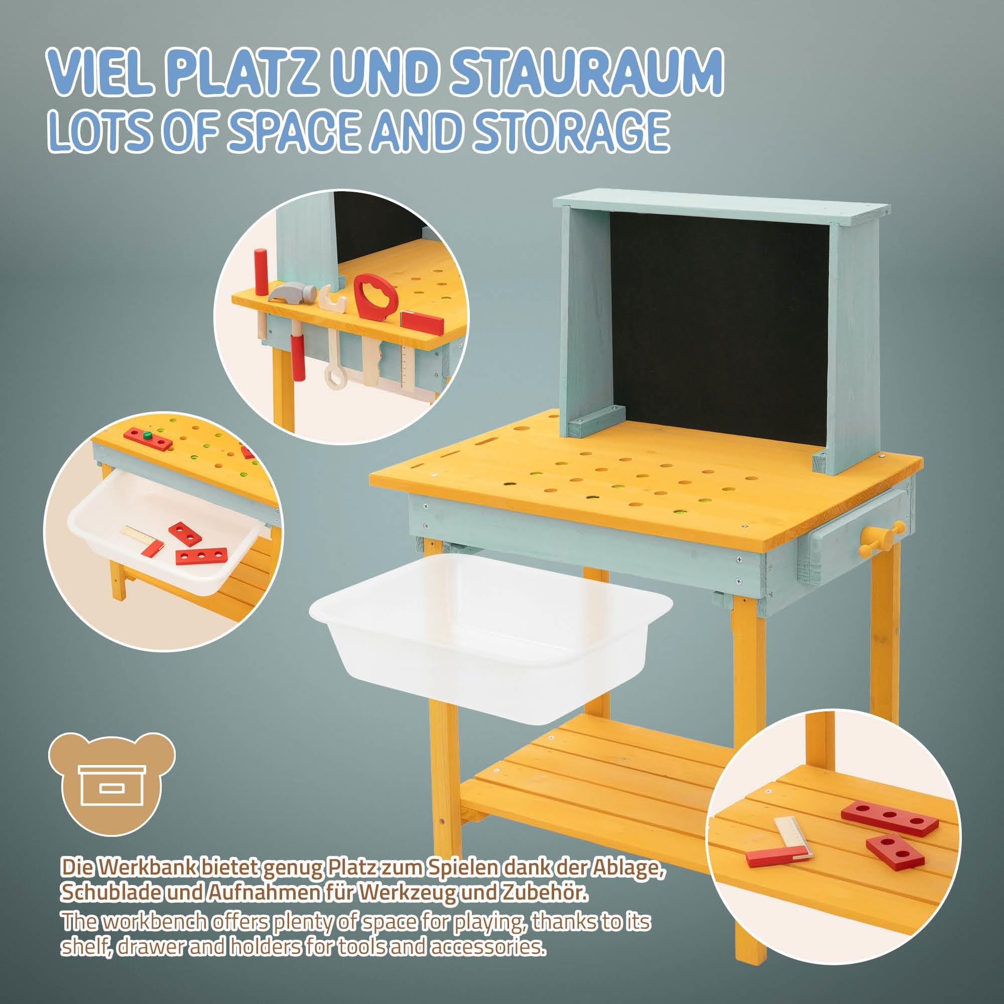 Joyz Warsztat dla Dziecka z Drewna, Drewniany Warsztat z Tablica i Akcesoriami, Stól Majsterkowicza z Litego Drewna Jodlowego, Odporny na Warunki Atmosferyczne do Ogrodu, dla Dzieci od 3 Lat