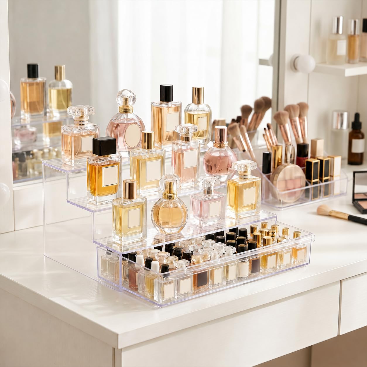 Organizzatore di profumo con cassetto, portaoggetti cosmetico trasparente a 3 livelli, espositore effetto acrilico per parrucchiere, trucchi, rossetto, laccato, skincare, bagno, cassettiera