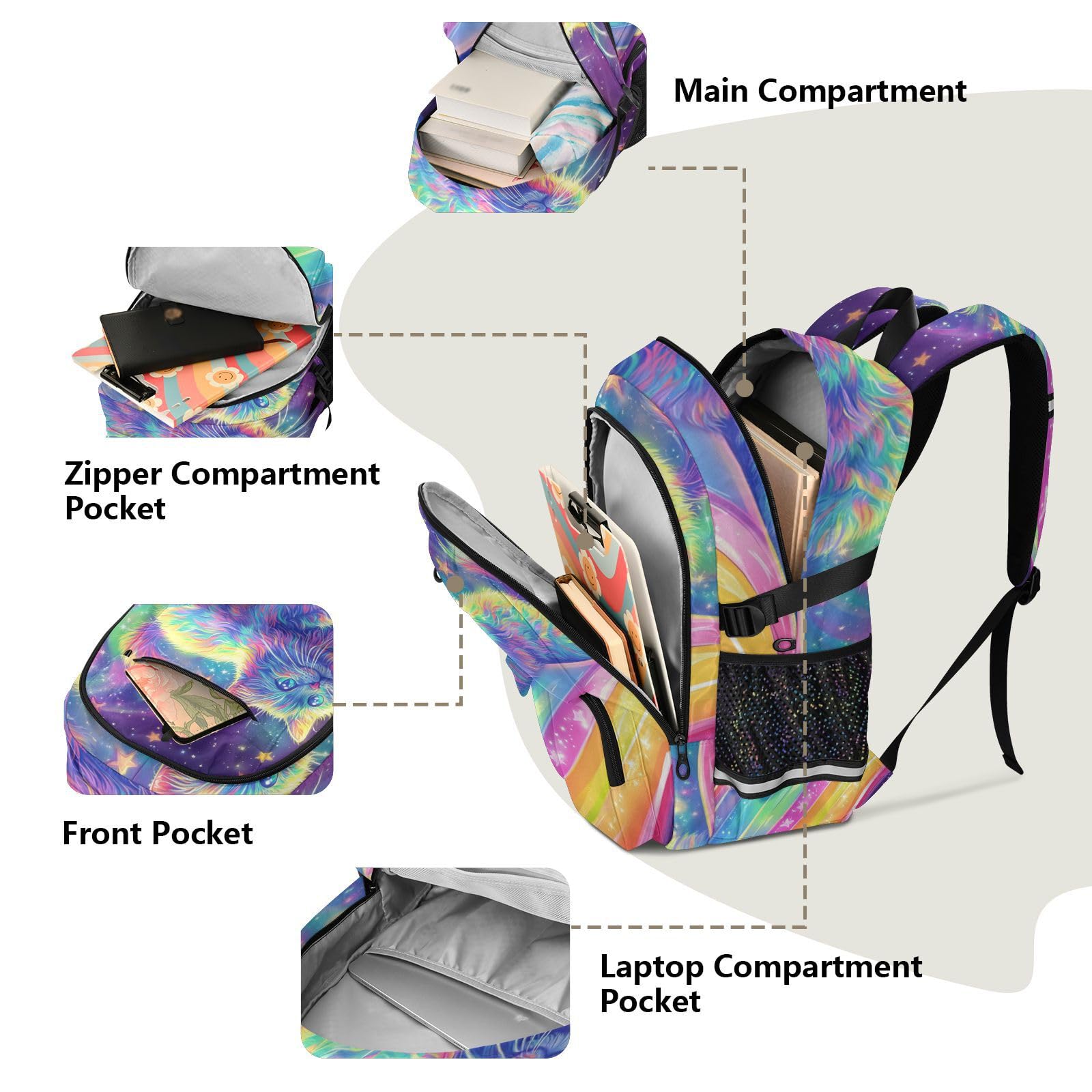 Grand sac à dos de voyage pour homme - Motif chat coloré - 44,5 cm - Sac à dos de travail pour adultes - Sac à dos d'affaires