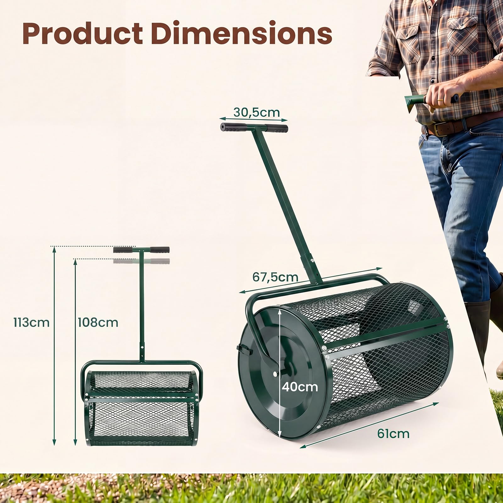 GYMAX Esparcidor de Semillas de Césped, Esparcidor de Abono con Mango de 2 Alturas Ajustables, Estructura de Metal Resistente, Bloqueos Laterales, Dispensador de Compost para Jardín (Verde)