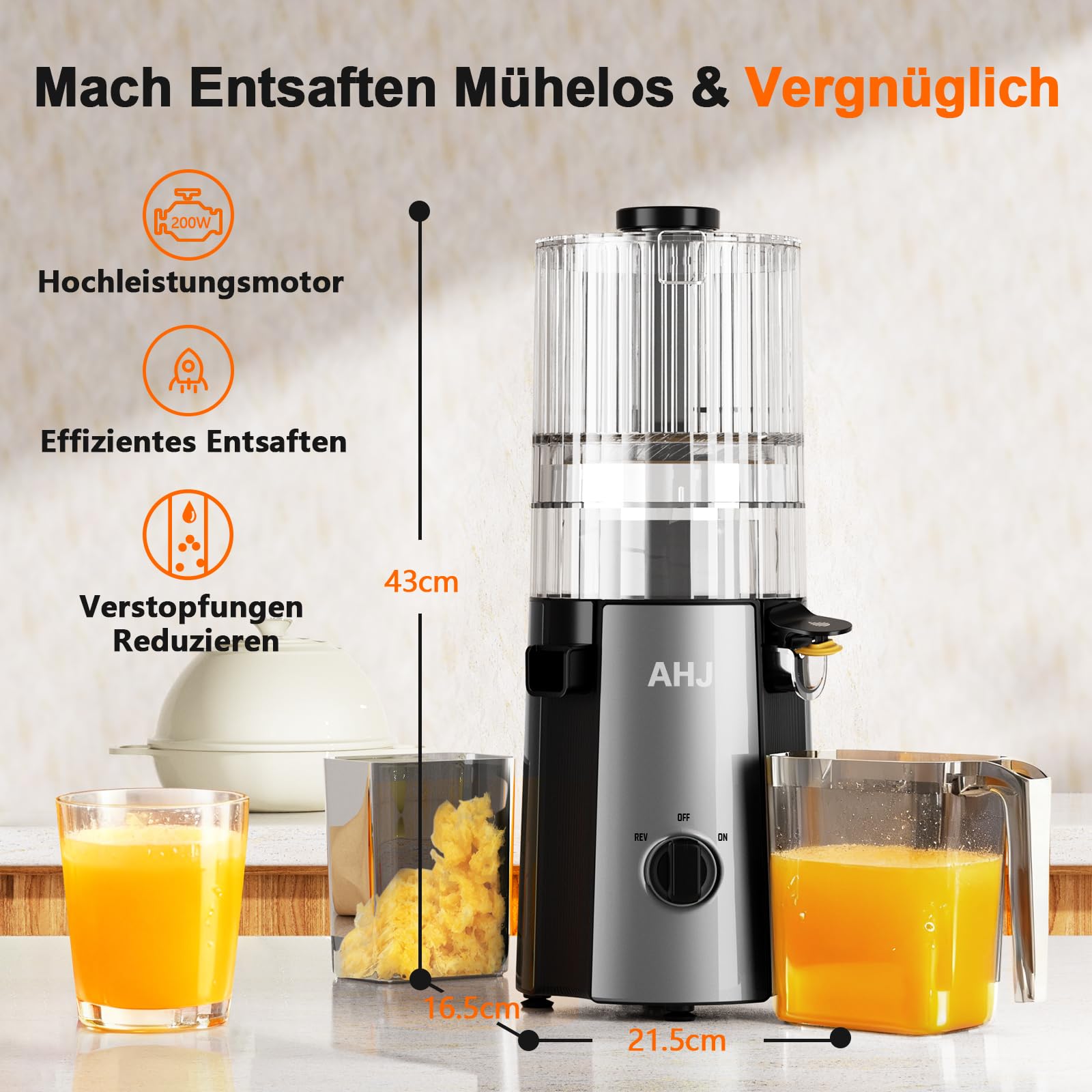AHJ Entsafter Slow Juicer, 135mm Große Einfüllöffnung,100% BPA-frei, Kaltentsafter für Ganzes Obst & Gemüse, Einfach zu Reinigen,2 Trinkgläser Inklusive, Ideal als Hochzeits- und Geburtstagsgeschenk