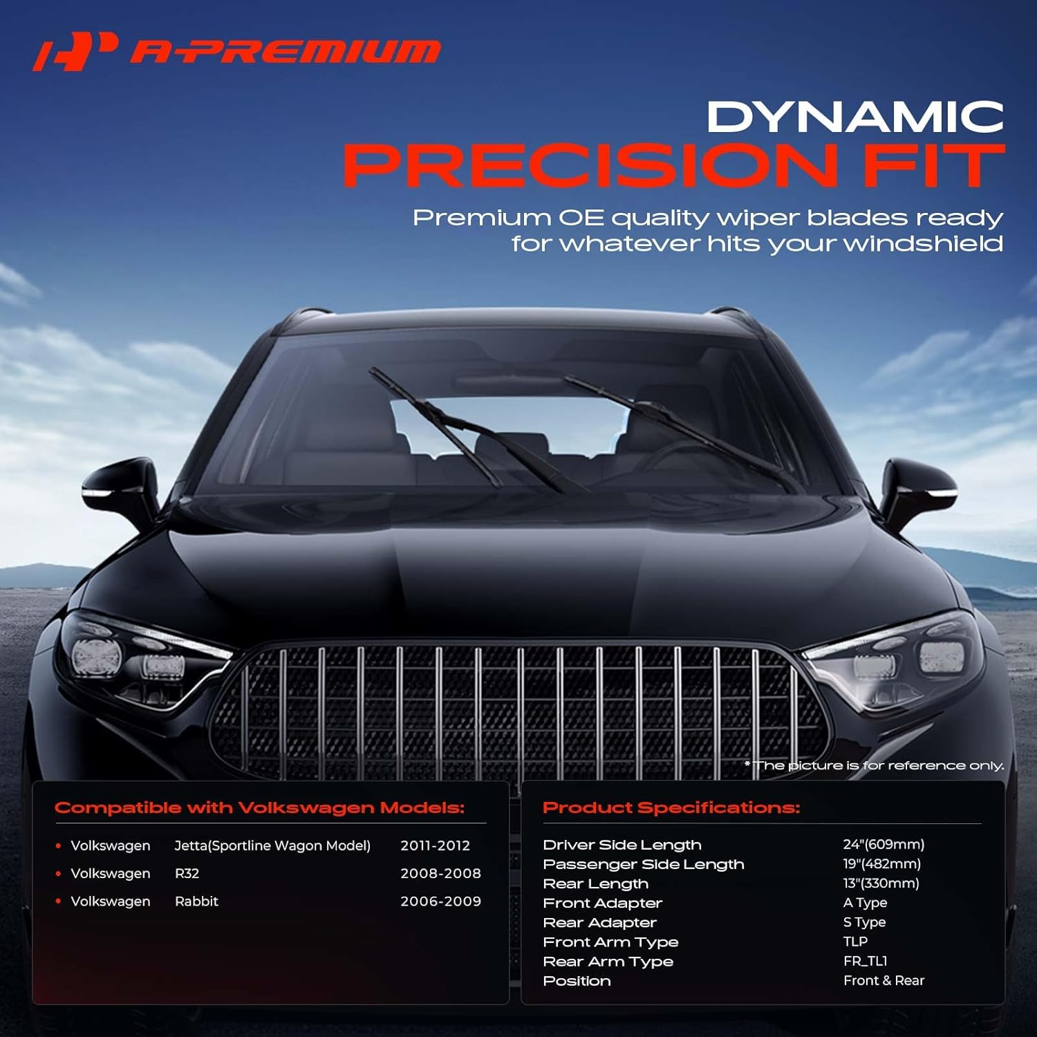 A-Premium 24"+19"+13" Windshield Wiper Blades Compatible with Volkswagen Jetta 2011-2012, R32 2008, Rabbit 2006-2009 - Front Rear Wiper Blade, TLP/FR_TL1, with Wear Indicator & Towel (Pack of 3)