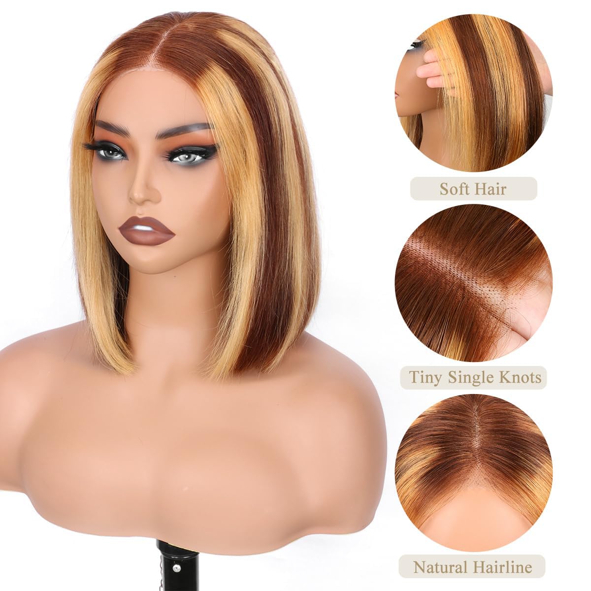 Selina 4x4 Straight Highlight Ombre Bob Wig Human Hair Hd Lace Front Wigs Human Hair Gluless 100% Remy Hair for Women Transparent Lace Wig 12 Inch