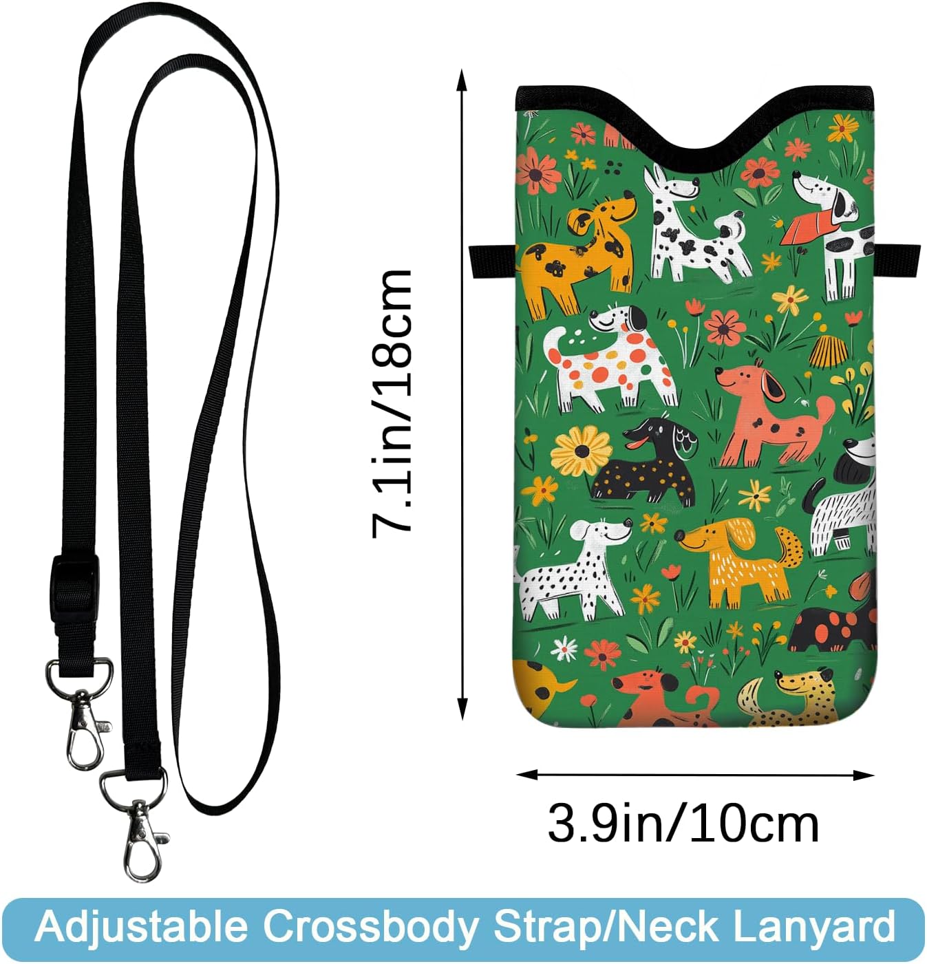 Neoprene Cell Phone Sleeve Pouch Case Bag with Crossbody Strap Neck Lanyard for Women 7.1 X 3.9 in Green Dog - Image 2